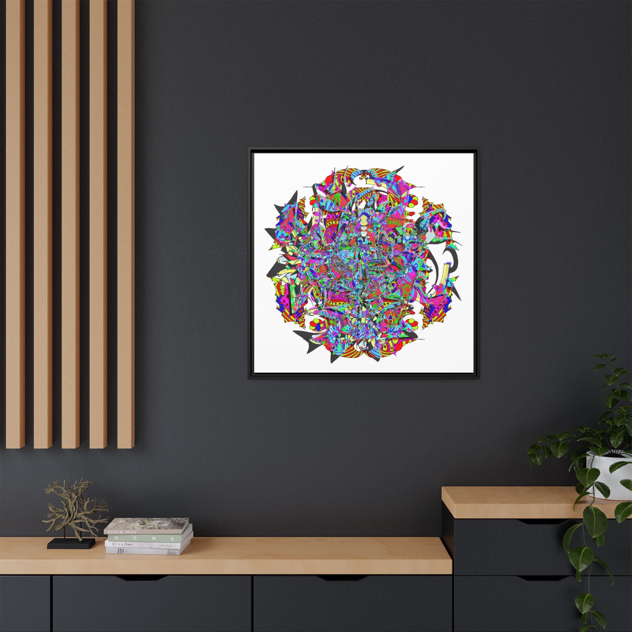 Neon Waffle Monster 12 Framed Canvas Art — Psychedelic Geometric Wall Print