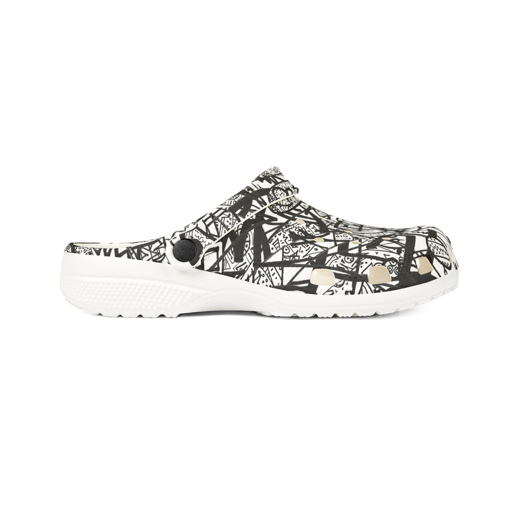 The Real Time Is Now 2017 - Abstract Black & White EVA Clogs — Graffiti Scribble Slip-On Shoes