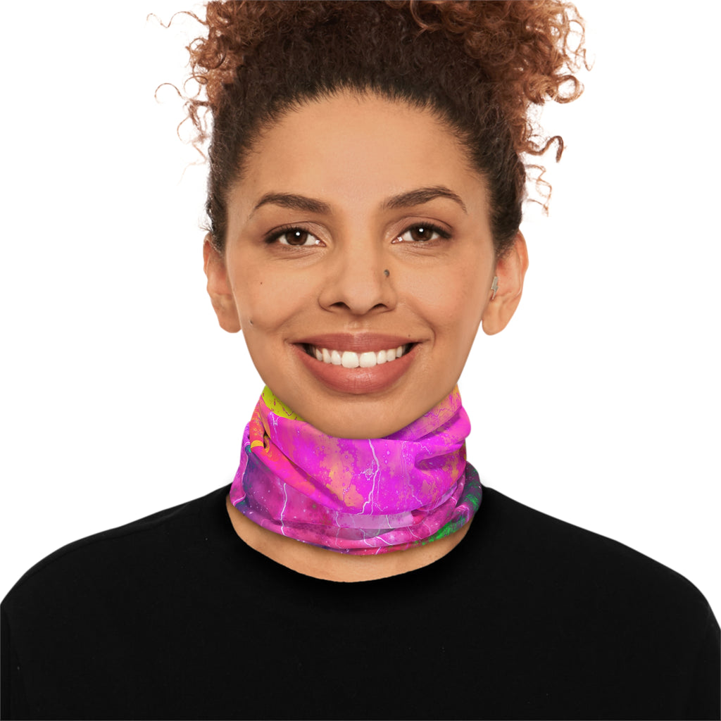 Blue And Pink Prophecy Neck Gaiter — Neon Pink Lightning Tie-Dye Face Mask