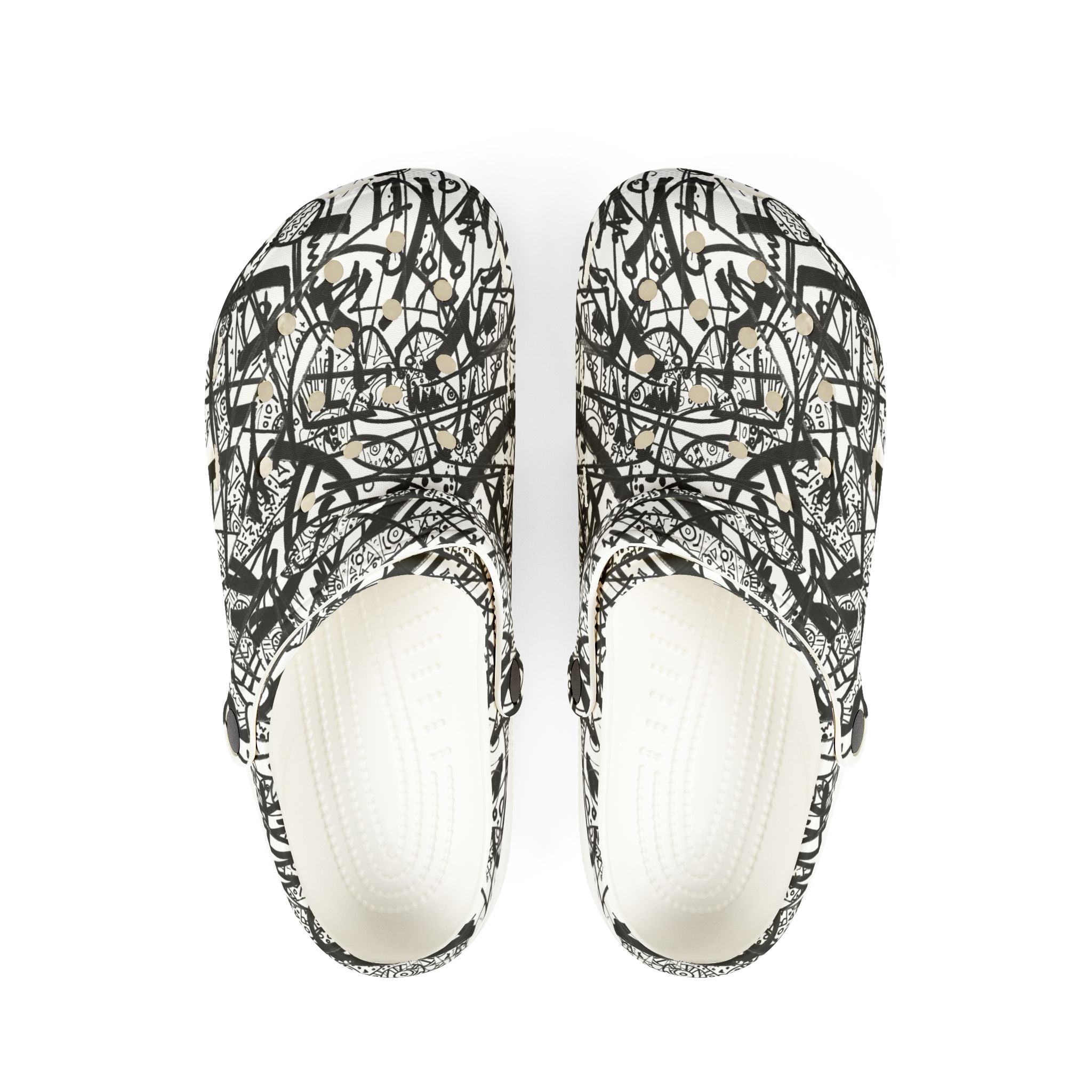 The Real Time Is Now 2017 - Abstract Black & White EVA Clogs — Graffiti Scribble Slip-On Shoes