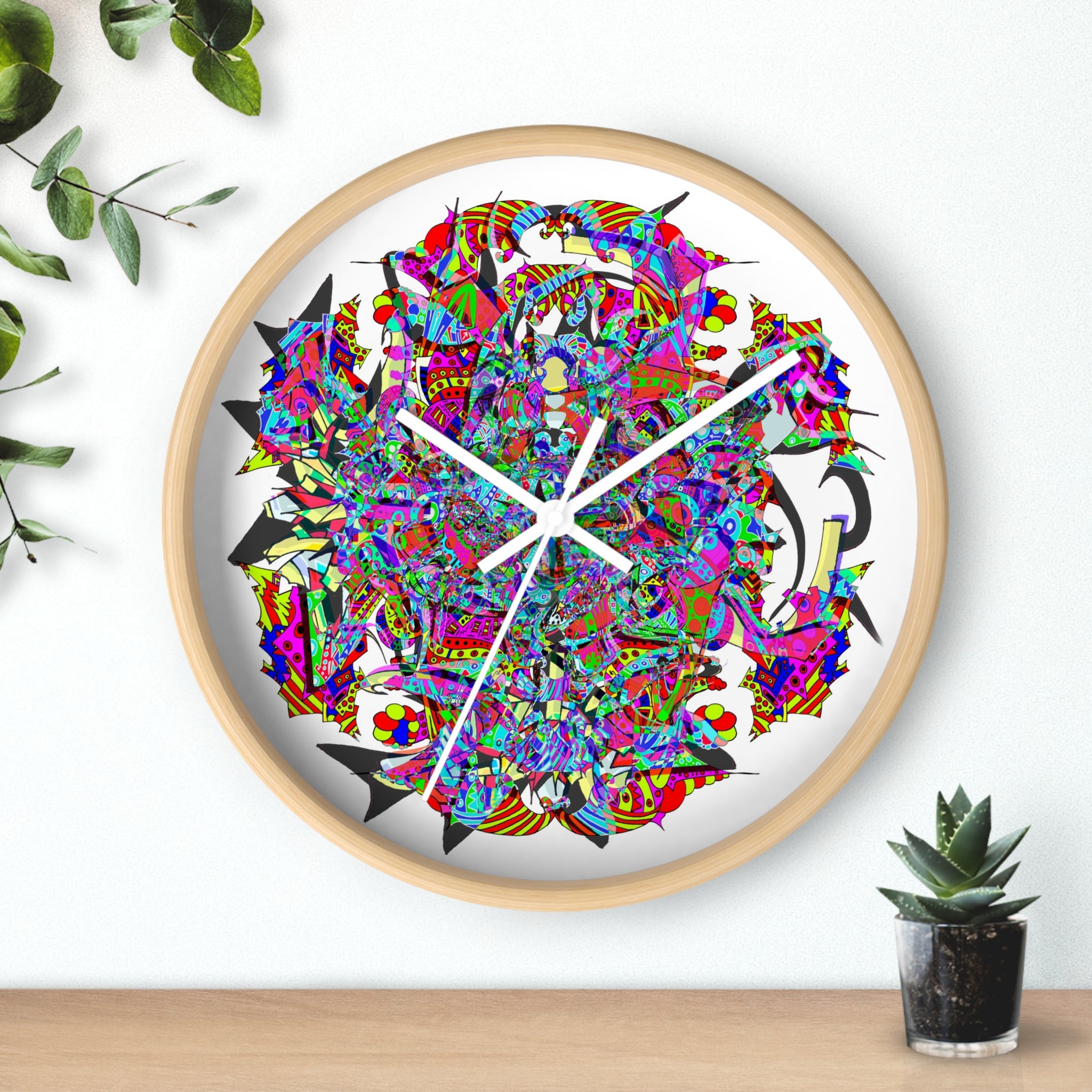 Neon Waffle Monster 12 - Psychedelic Mandala Wall Clock | Colorful Abstract Geometric Timepiece