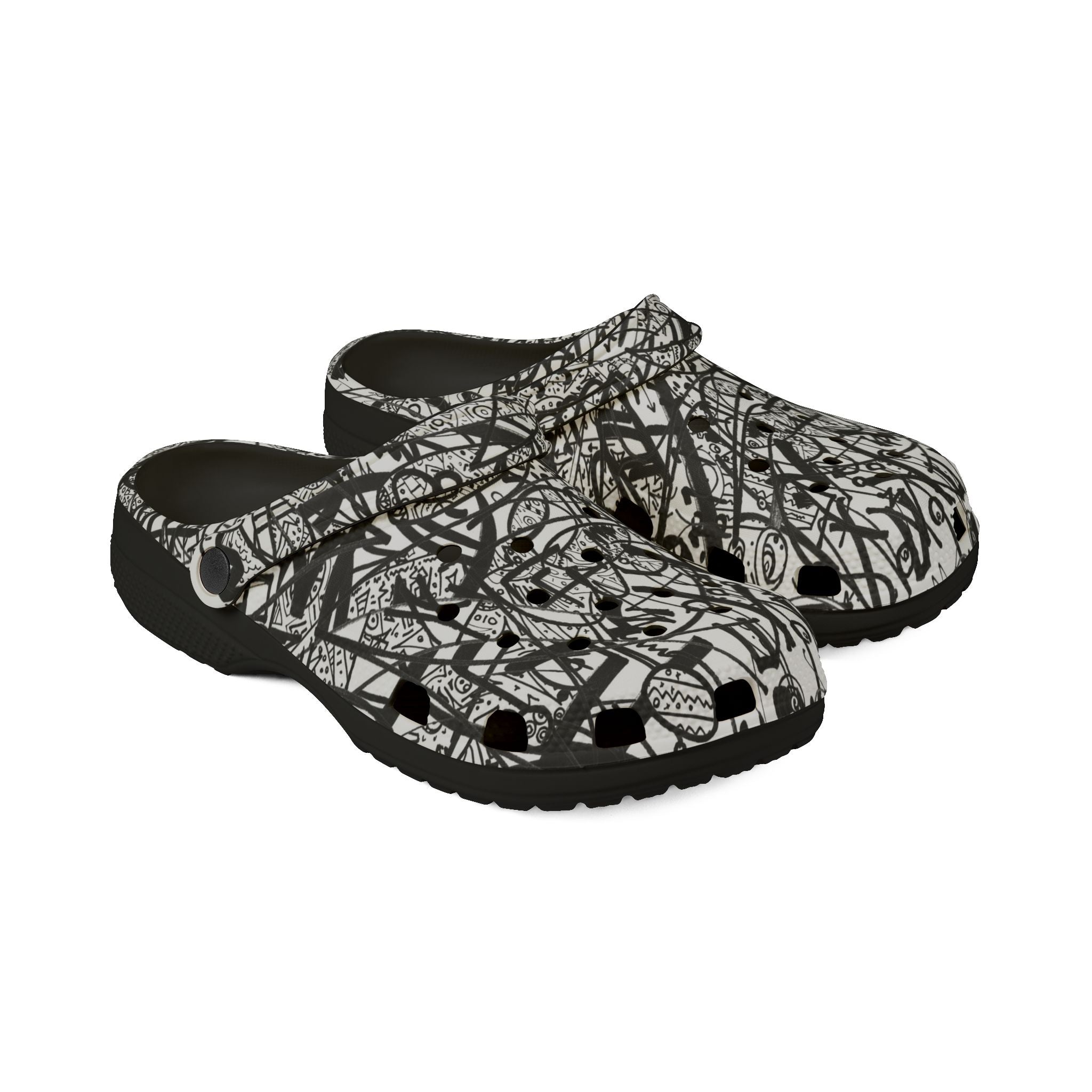 The Real Time Is Now 2017 - Abstract Black & White EVA Clogs — Graffiti Scribble Slip-On Shoes