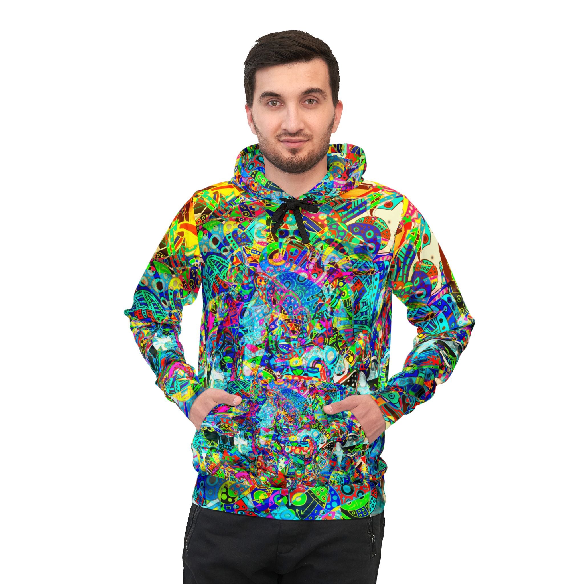 HYPERDIMENSIONAL SURFER - Psychedelic All-Over Print Hoodie — Vibrant Abstract Athletic Pullover