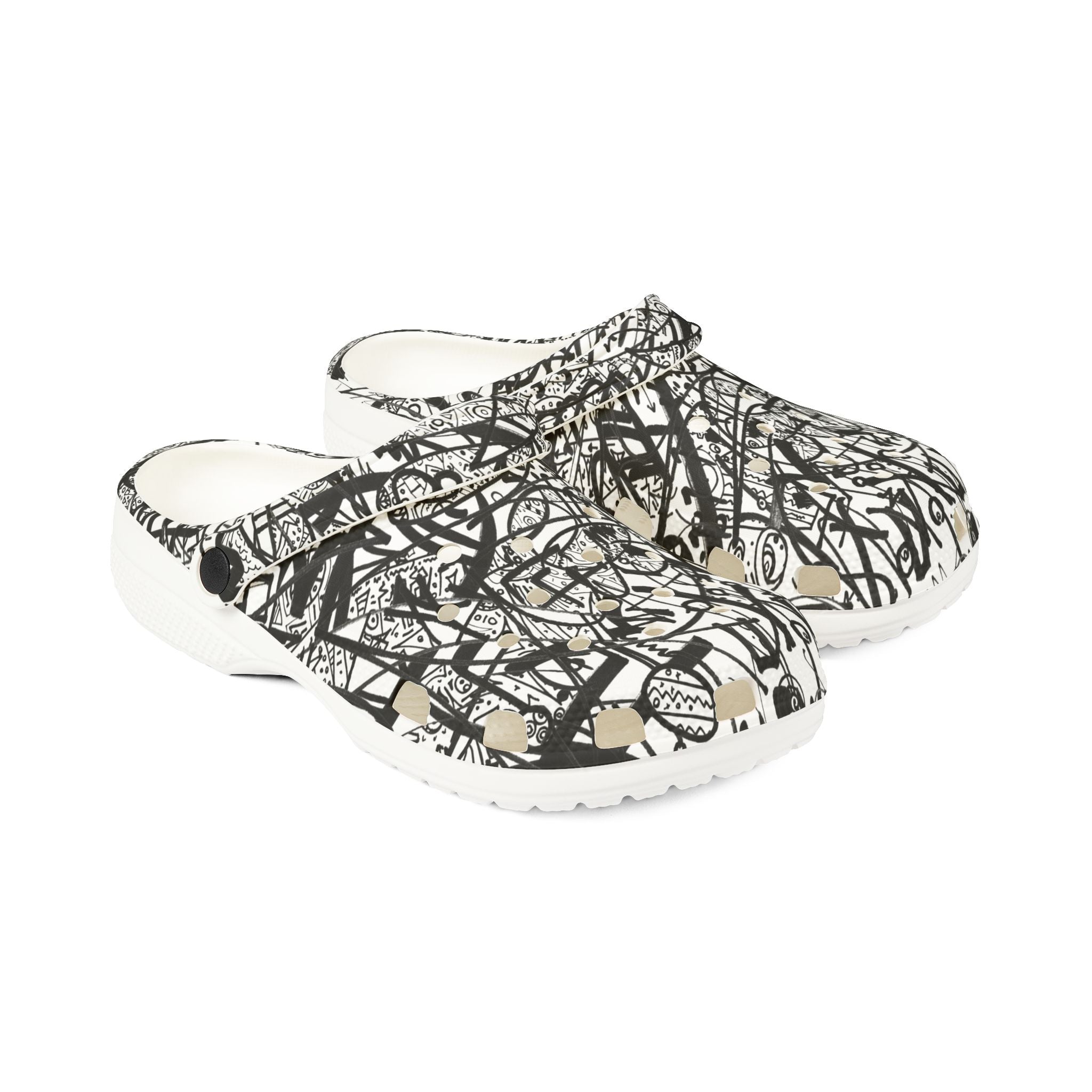 The Real Time Is Now 2017 - Abstract Black & White EVA Clogs — Graffiti Scribble Slip-On Shoes