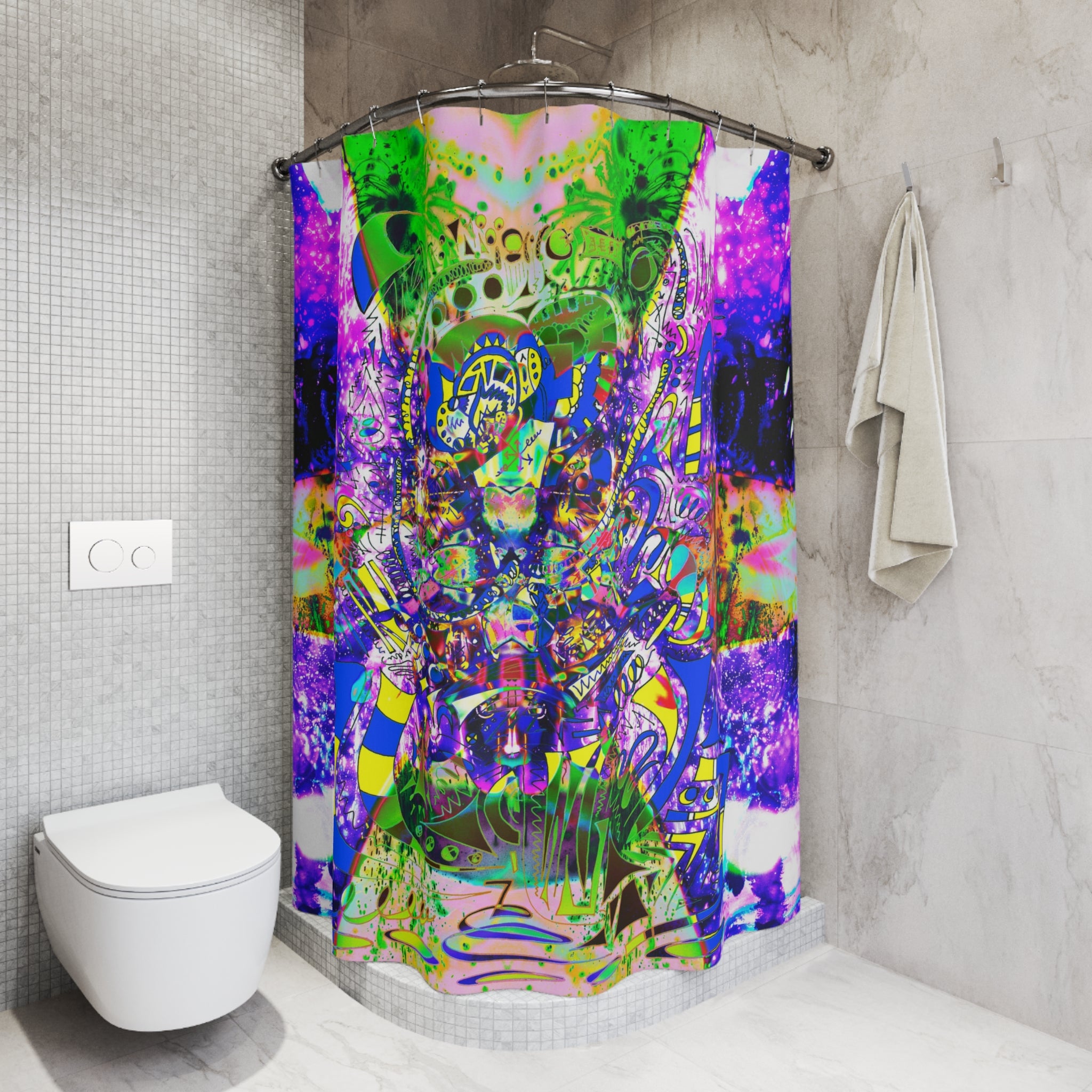 Alien Darkness 9 - Psychedelic Abstract Shower Curtain — Vibrant Neon Mandala Bathroom Decor