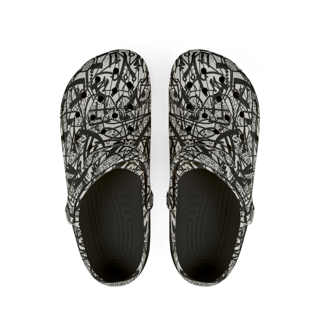 The Real Time Is Now 2017 - Abstract Black & White EVA Clogs — Graffiti Scribble Slip-On Shoes