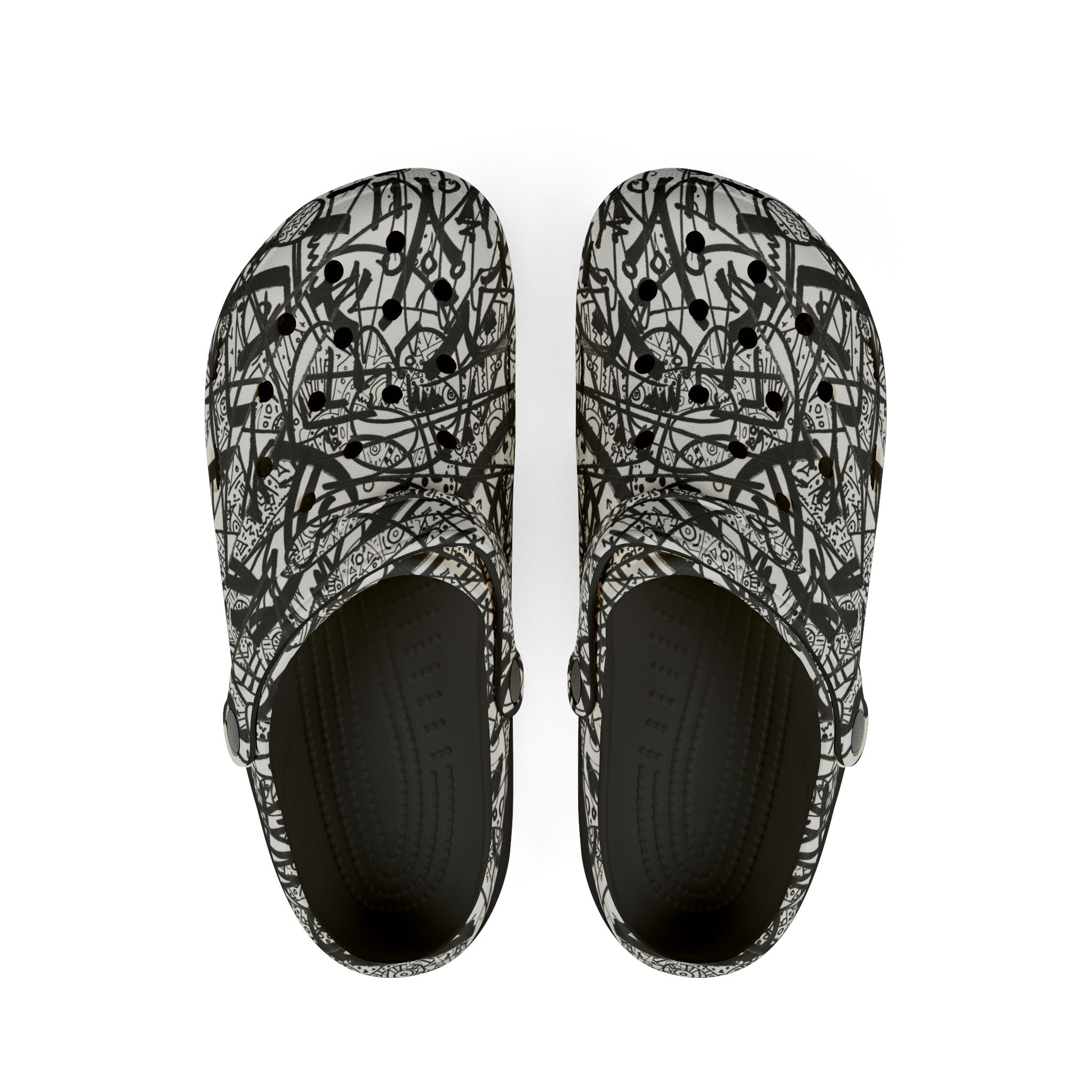 The Real Time Is Now 2017 - Abstract Black & White EVA Clogs — Graffiti Scribble Slip-On Shoes