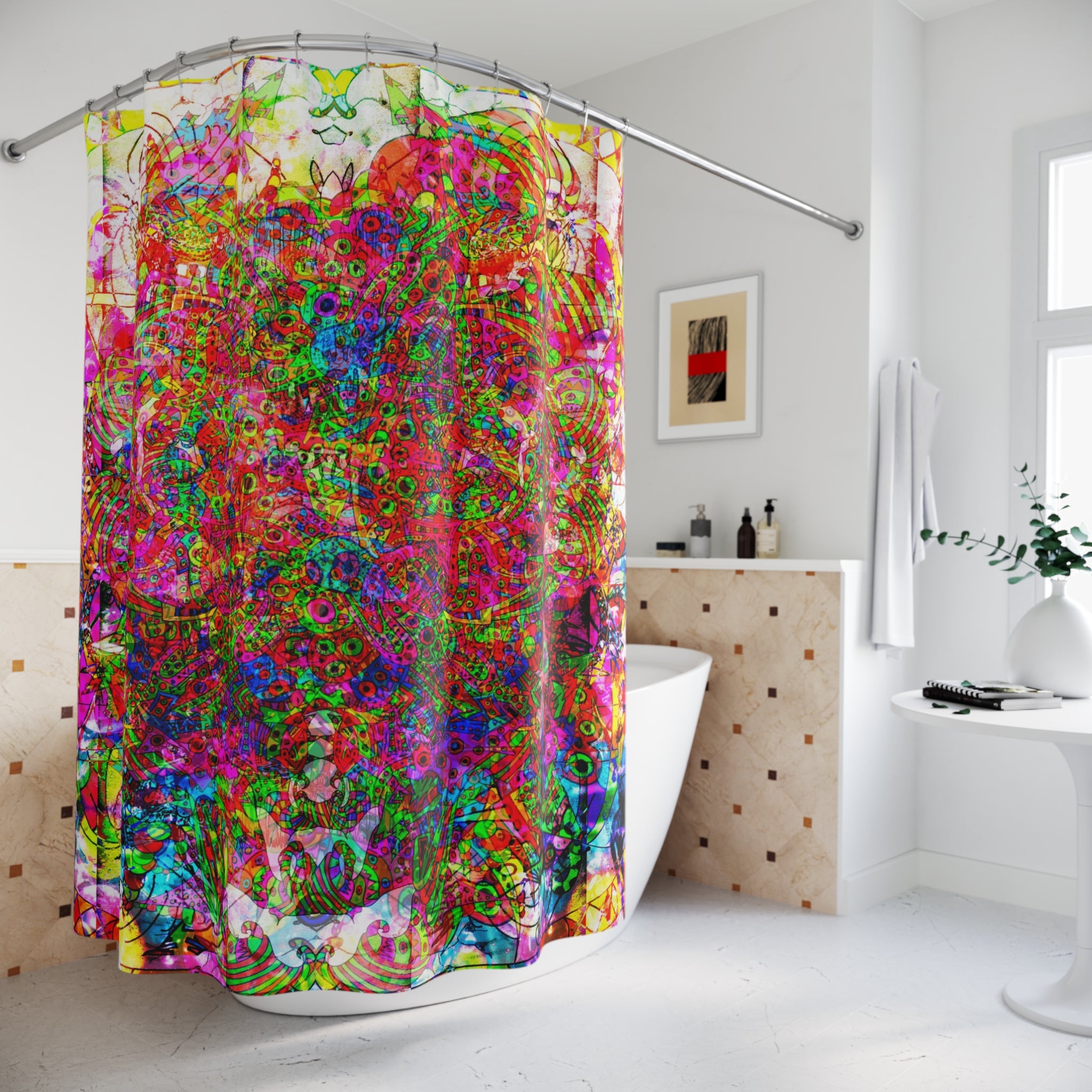 Neon Swirl Party Extravaganza - Psychedelic Kaleidoscope Shower Curtain — Vivid Abstract Floral Bathroom Decor