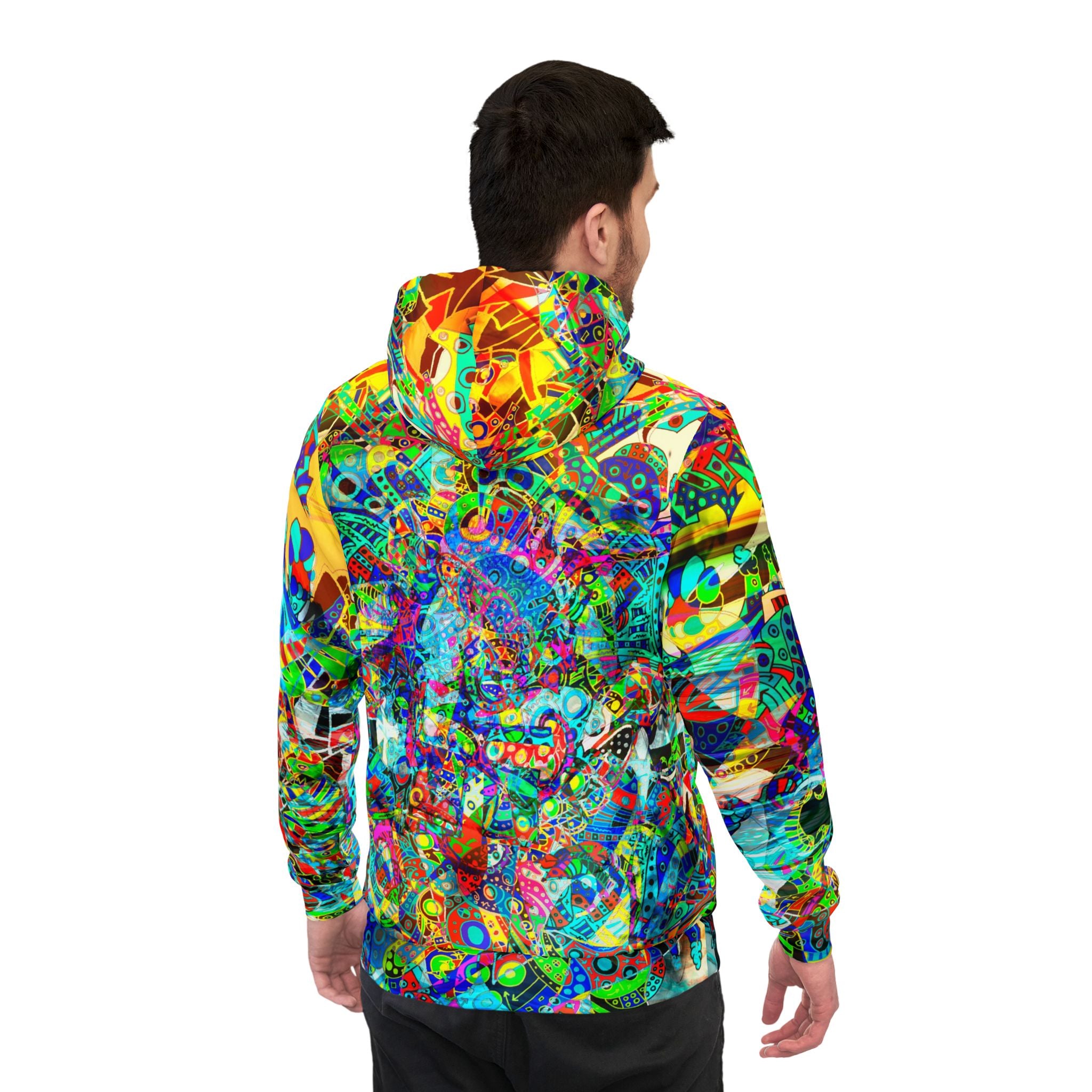 HYPERDIMENSIONAL SURFER - Psychedelic All-Over Print Hoodie — Vibrant Abstract Athletic Pullover
