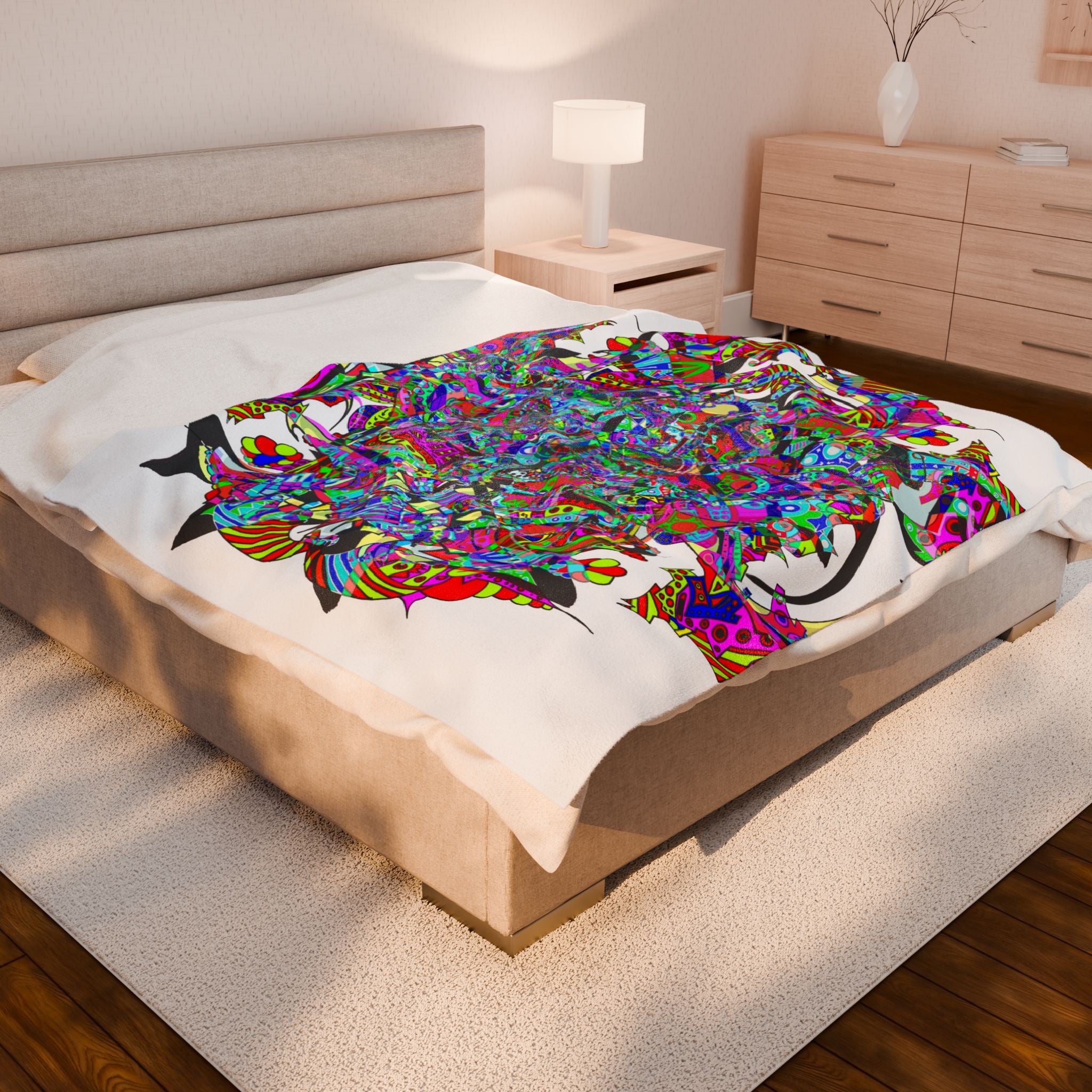 Neon Waffle Monster 12 Plush Blanket — Psychedelic Mandala Throw for Cozy Boho Décor