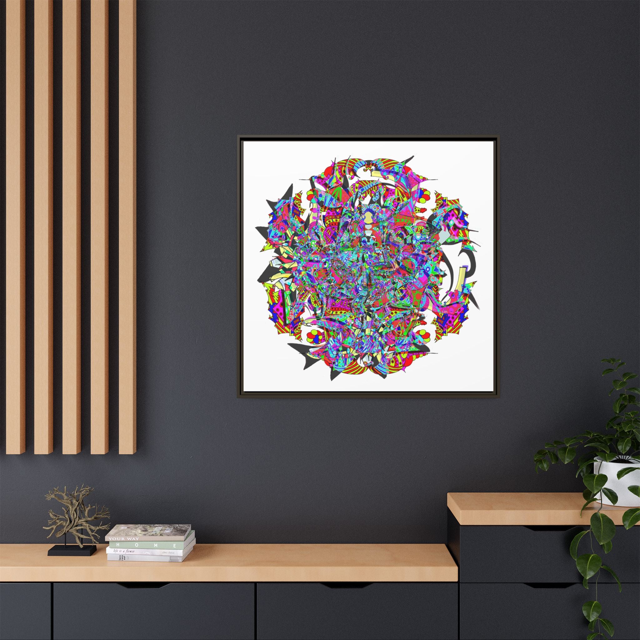 Neon Waffle Monster 12 Framed Canvas Art — Psychedelic Geometric Wall Print