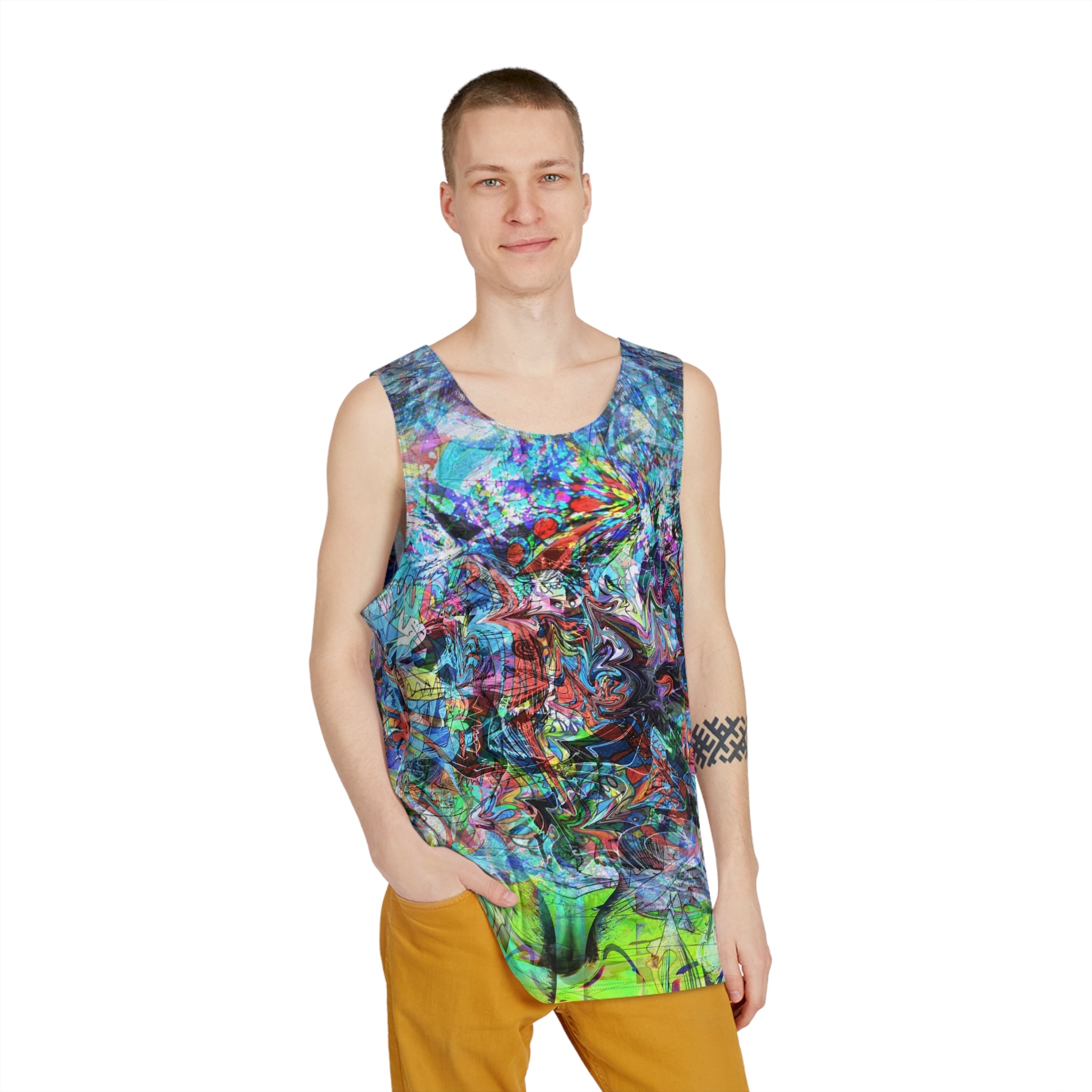 Now You're Stuck 44 - Psychedelic Abstract All-Over Print Tank Top — Vibrant Color Splash Menswear