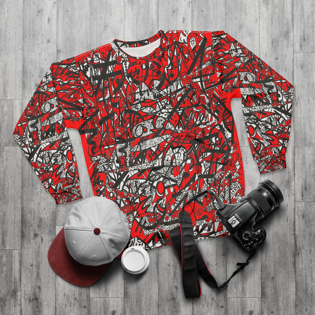 Nobody Touches Nothin' (Red Version 2) All-Over Print Sweatshirt — Red & Black Graffiti Street Art Design