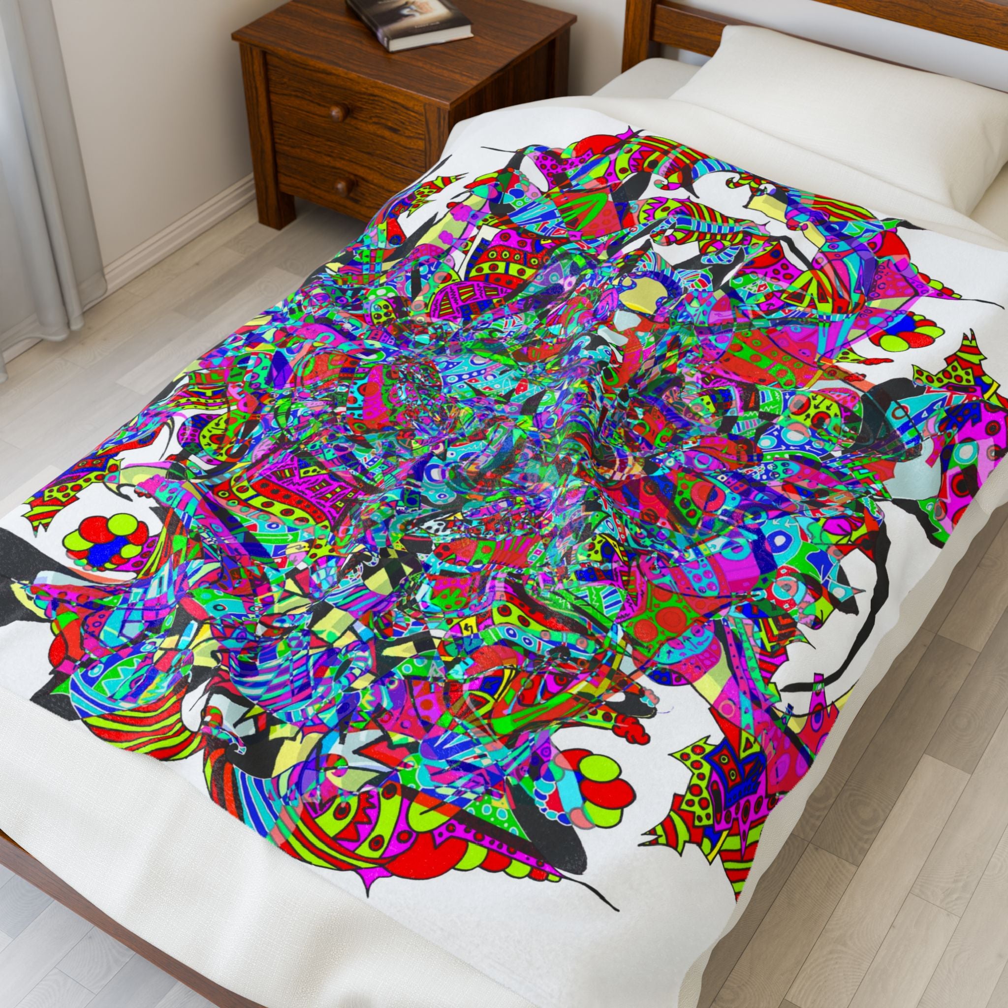 Neon Waffle Monster 12 Plush Blanket — Psychedelic Mandala Throw for Cozy Boho Décor