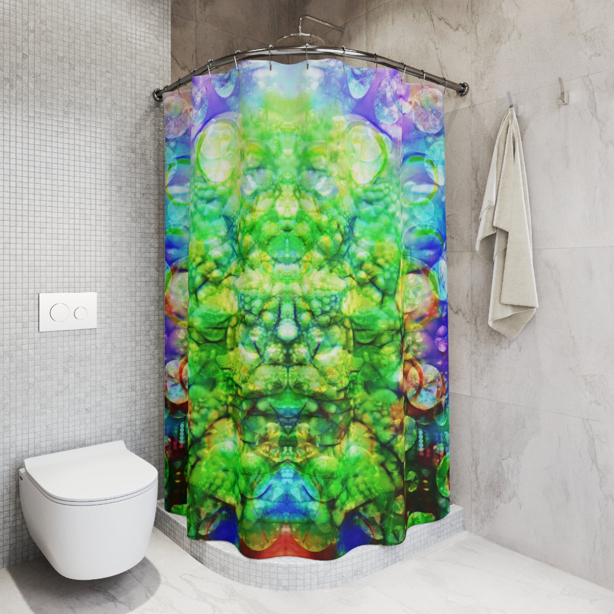 BASS IMMORTAL 30 - Psychedelic Green Kaleidoscope Shower Curtain — Abstract Symmetric Bubble Art