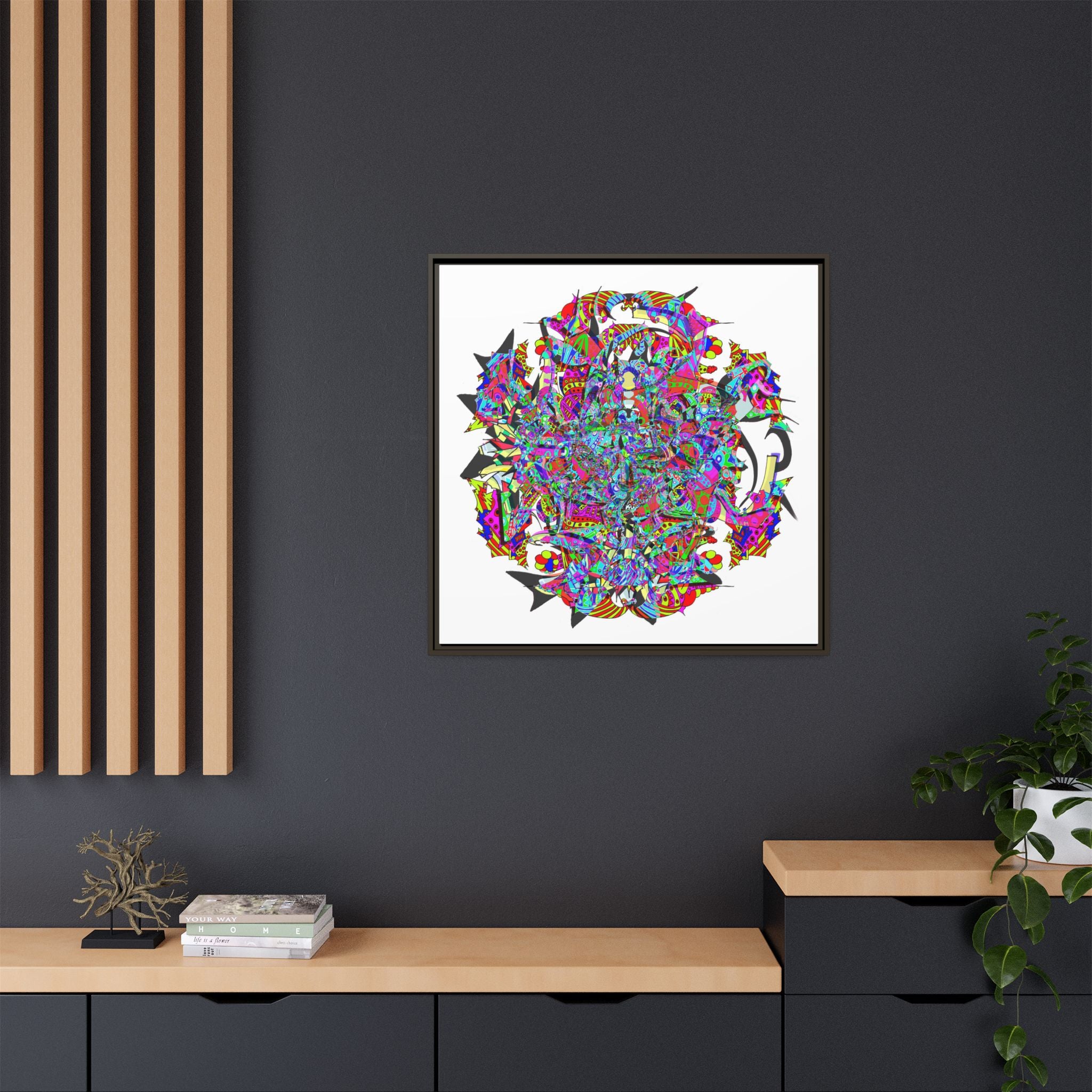 Neon Waffle Monster 12 Framed Canvas Art — Psychedelic Geometric Wall Print