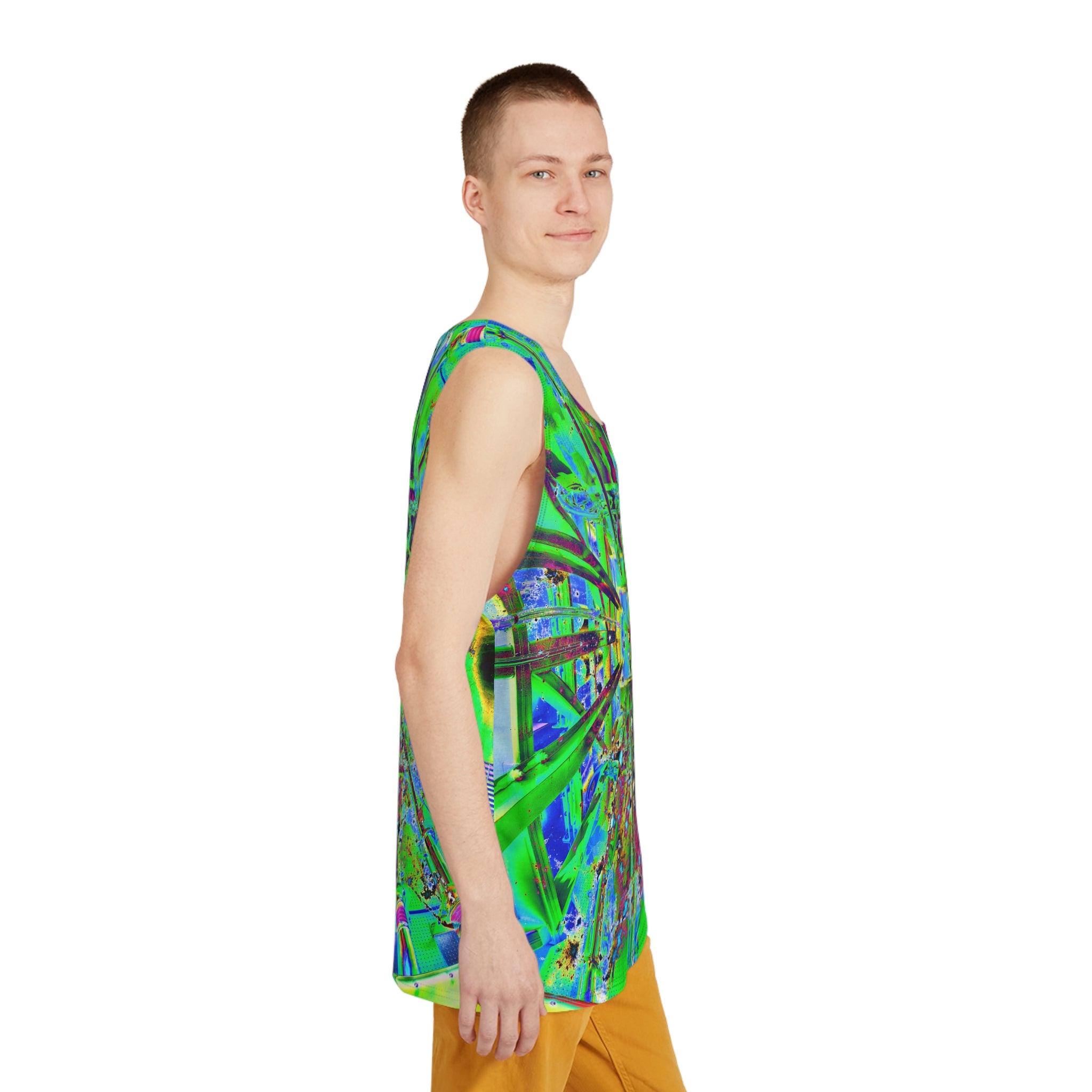 Hyperspace Room 22 - Psychedelic Abstract Tank Top — Neon Green Geometric All-Over Print