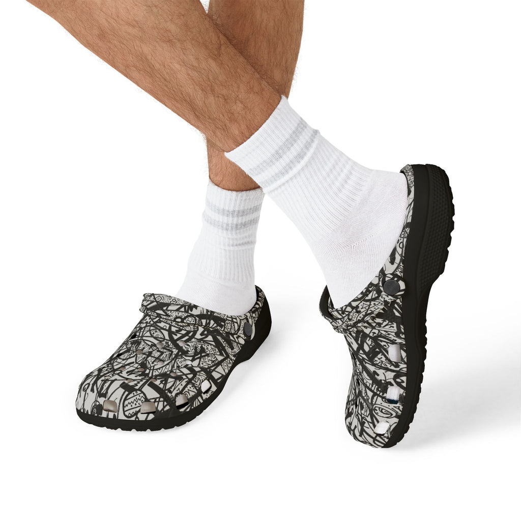 The Real Time Is Now 2017 - Abstract Black & White EVA Clogs — Graffiti Scribble Slip-On Shoes