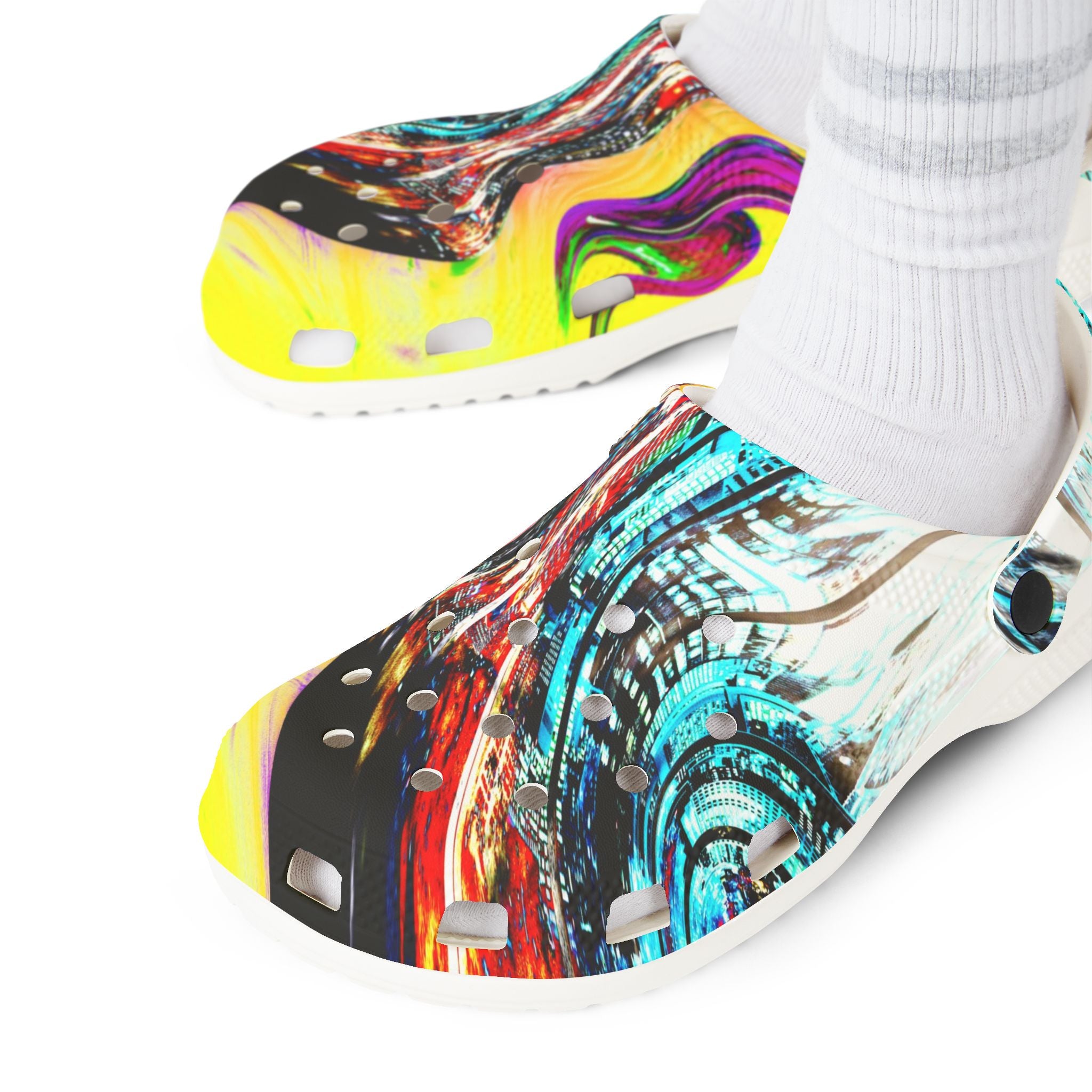 Slip And Slide - Abstract Neon Swirl EVA Foam Clogs — Colorful Slip-On Garden Shoes