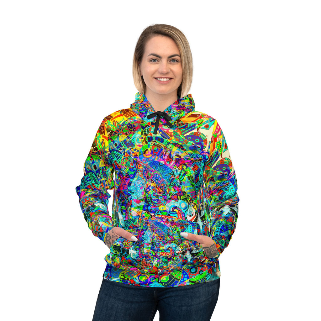 HYPERDIMENSIONAL SURFER - Psychedelic All-Over Print Hoodie — Vibrant Abstract Athletic Pullover