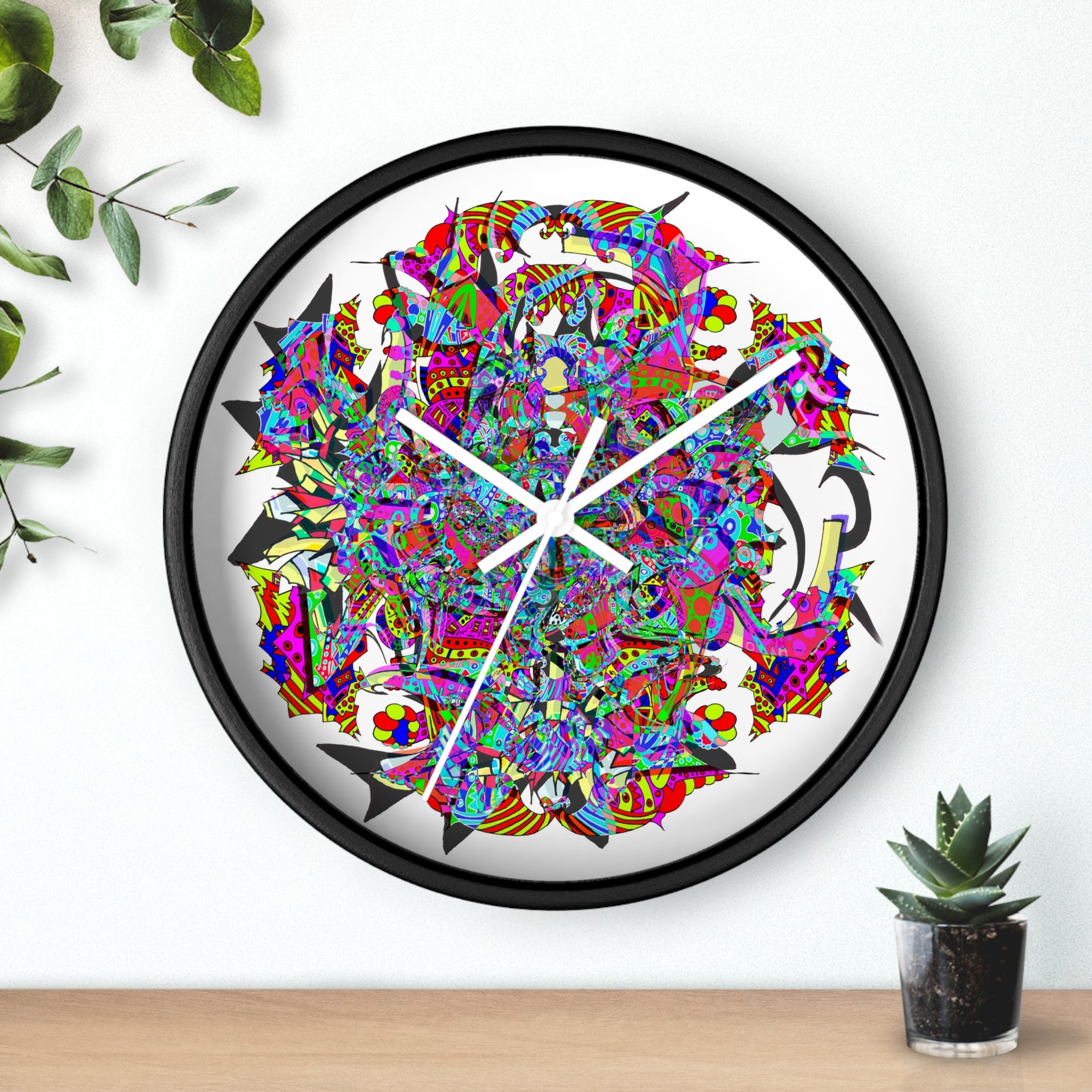 Neon Waffle Monster 12 - Psychedelic Mandala Wall Clock | Colorful Abstract Geometric Timepiece