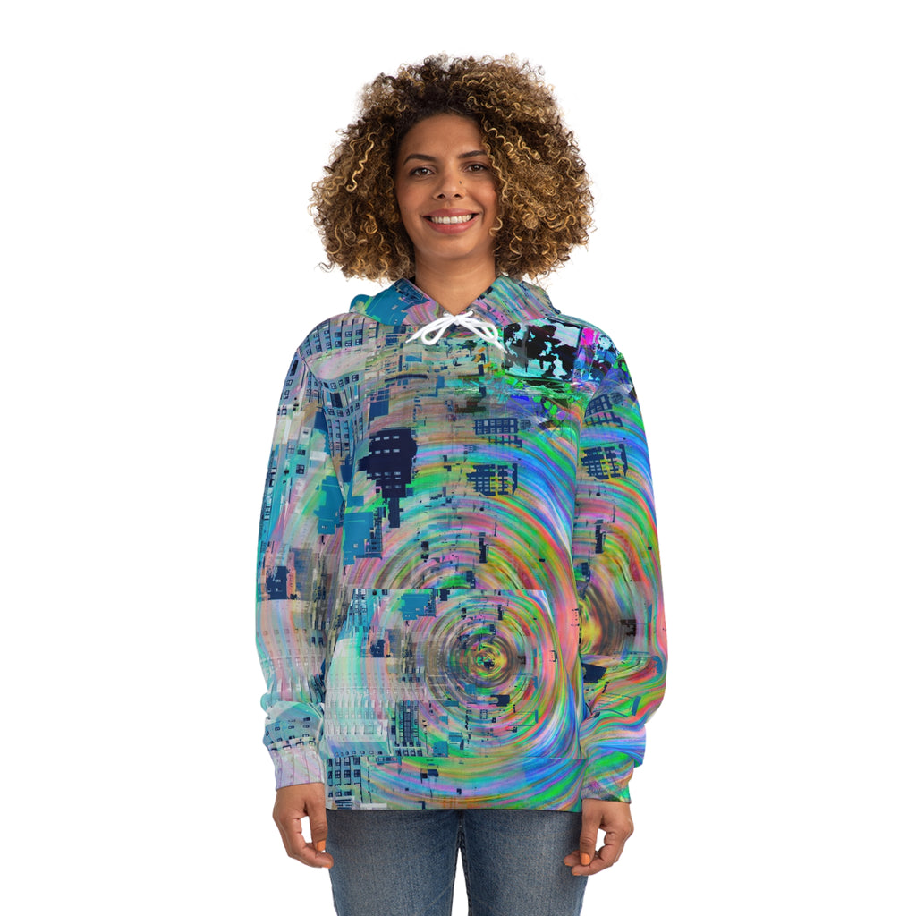 Novelty 93 - Psychedelic Cityscape Hoodie – Colorful Swirl All-Over Print Fashion Hoodie