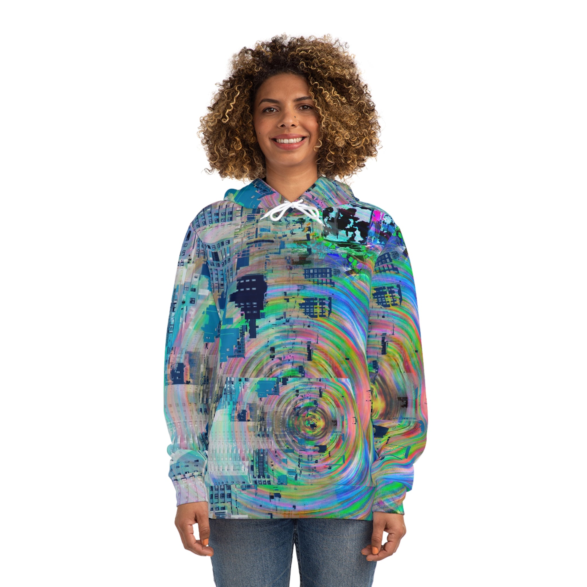 Novelty 93 - Psychedelic Cityscape Hoodie – Colorful Swirl All-Over Print Fashion Hoodie