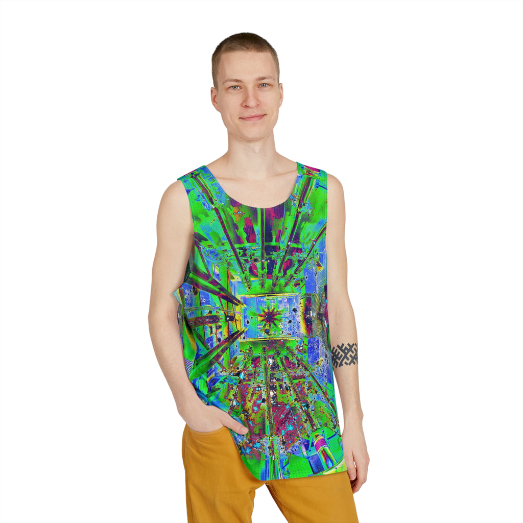 Hyperspace Room 22 - Psychedelic Abstract Tank Top — Neon Green Geometric All-Over Print