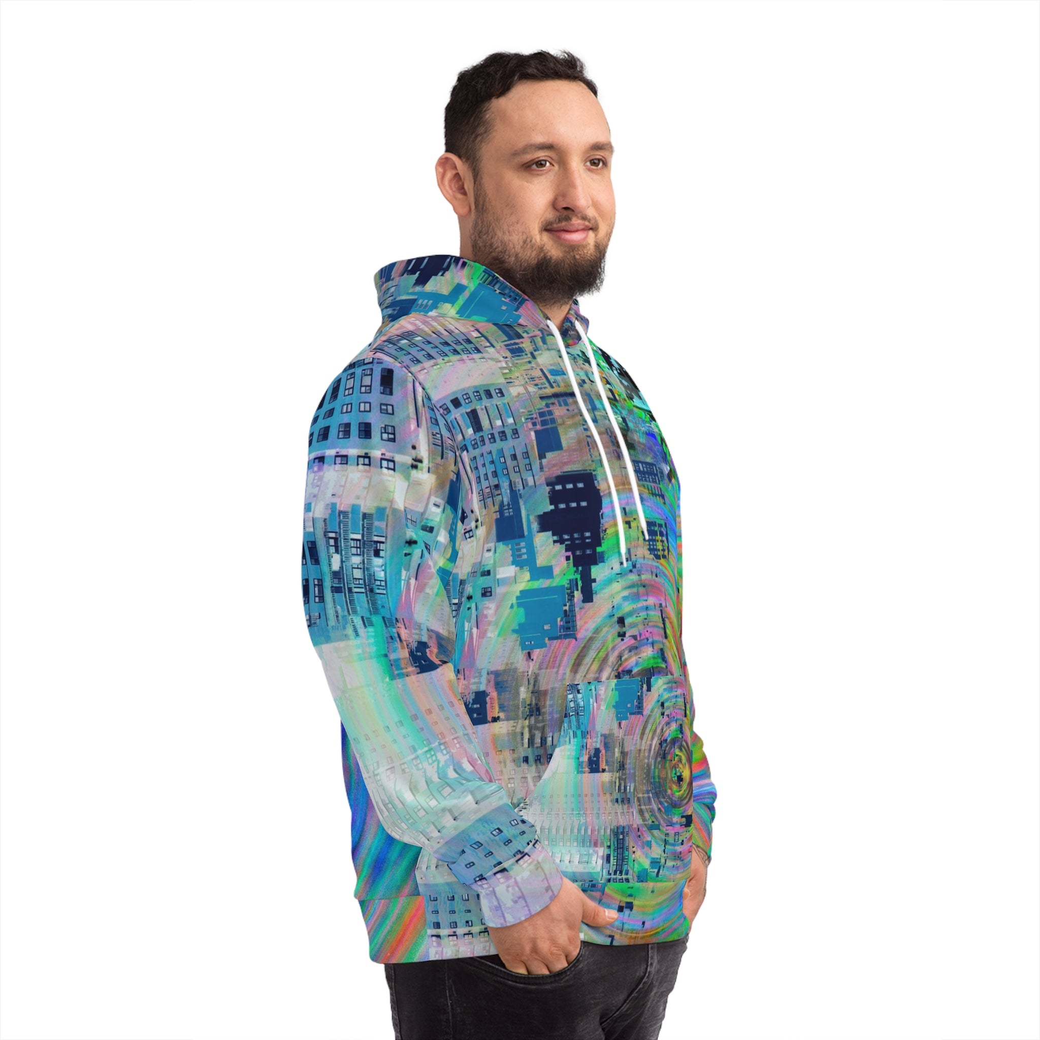 Novelty 93 - Psychedelic Cityscape Hoodie – Colorful Swirl All-Over Print Fashion Hoodie