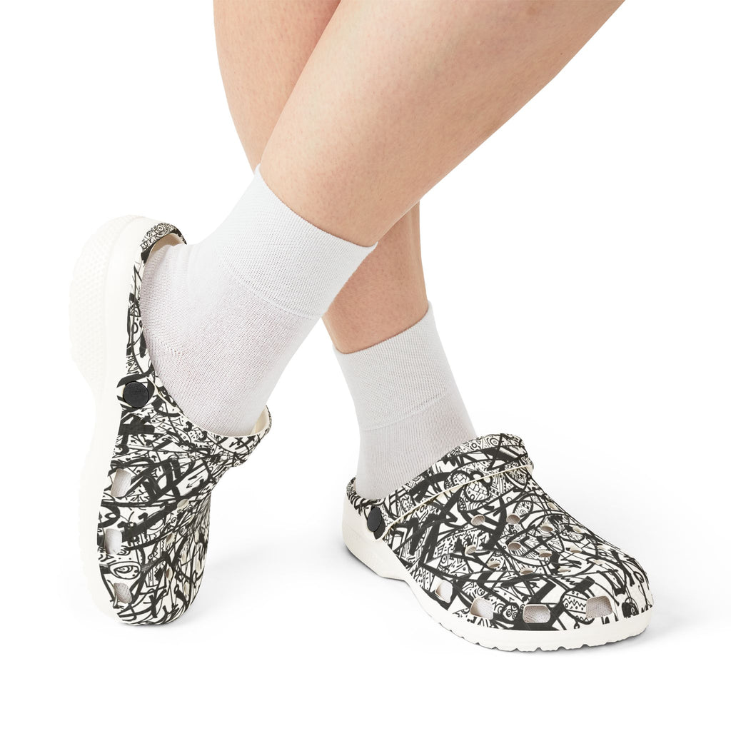 The Real Time Is Now 2017 - Abstract Black & White EVA Clogs — Graffiti Scribble Slip-On Shoes