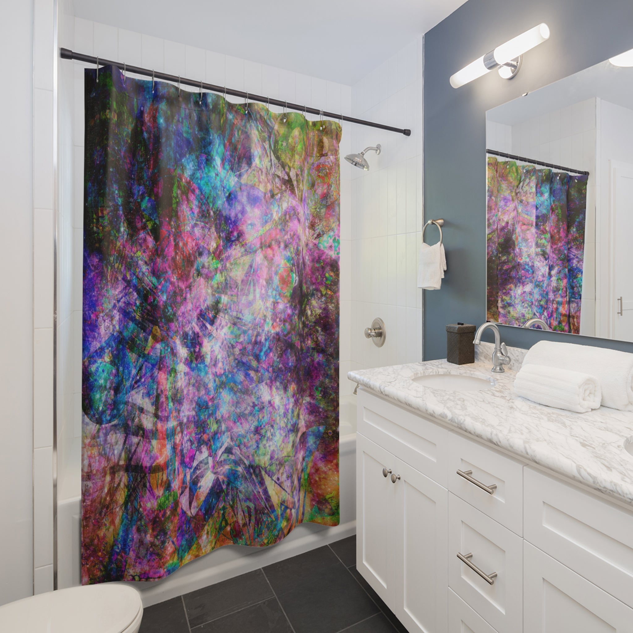 Space Shower 2 - Abstract Galaxy Shower Curtain — Colorful Nebula Bathroom Decor