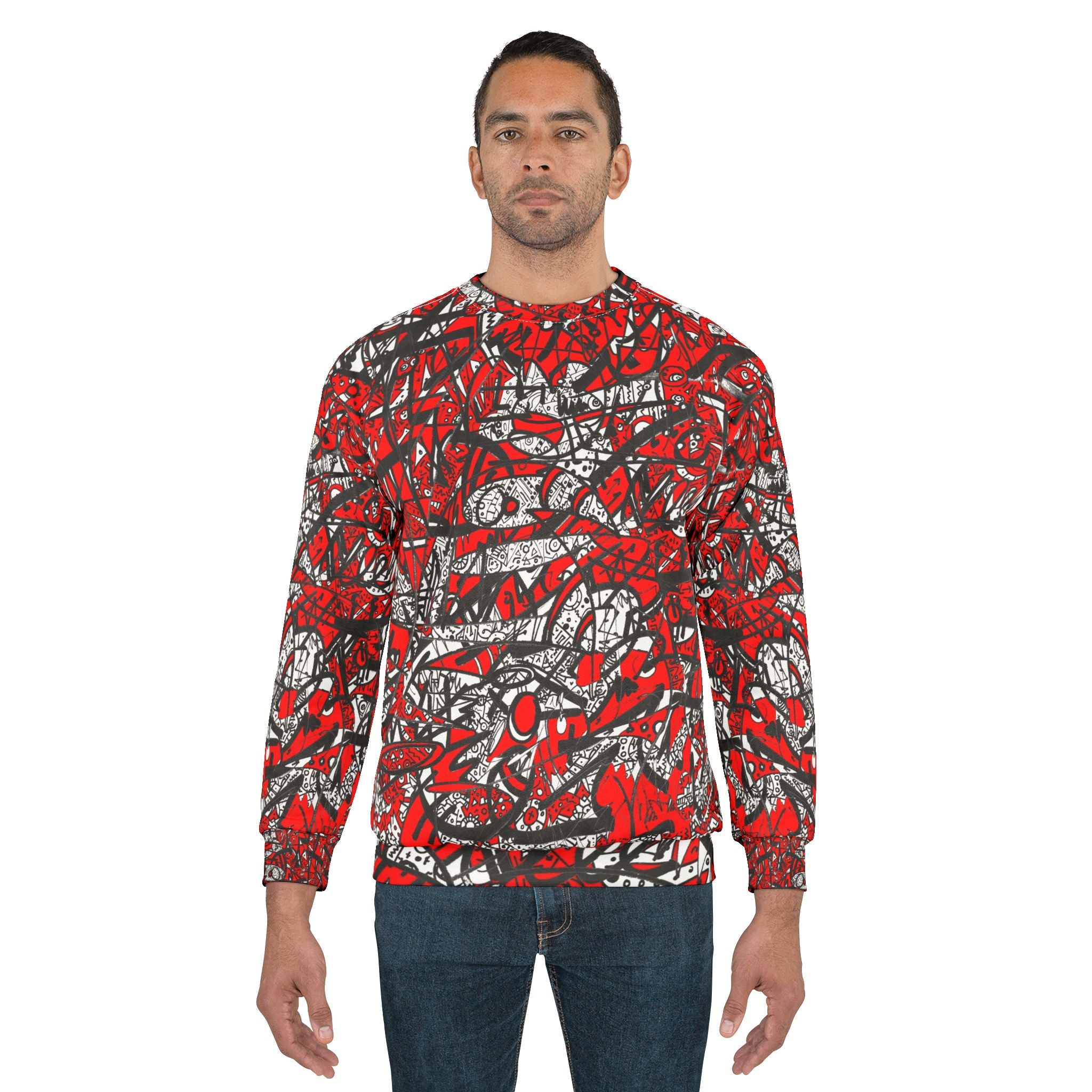 Nobody Touches Nothin' (Red Version 2) All-Over Print Sweatshirt — Red & Black Graffiti Street Art Design