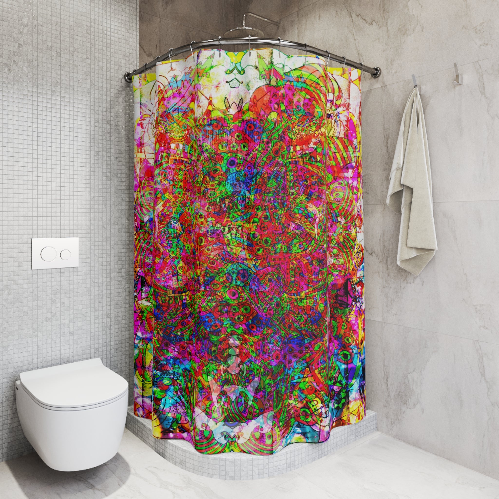 Neon Swirl Party Extravaganza - Psychedelic Kaleidoscope Shower Curtain — Vivid Abstract Floral Bathroom Decor
