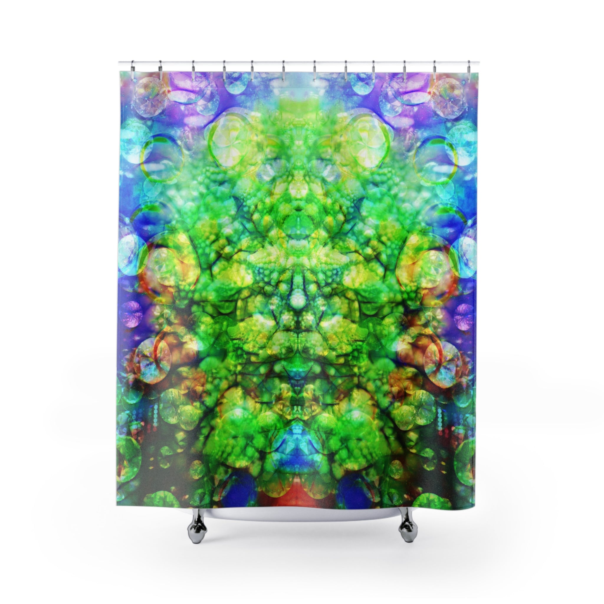 BASS IMMORTAL 30 - Psychedelic Green Kaleidoscope Shower Curtain — Abstract Symmetric Bubble Art