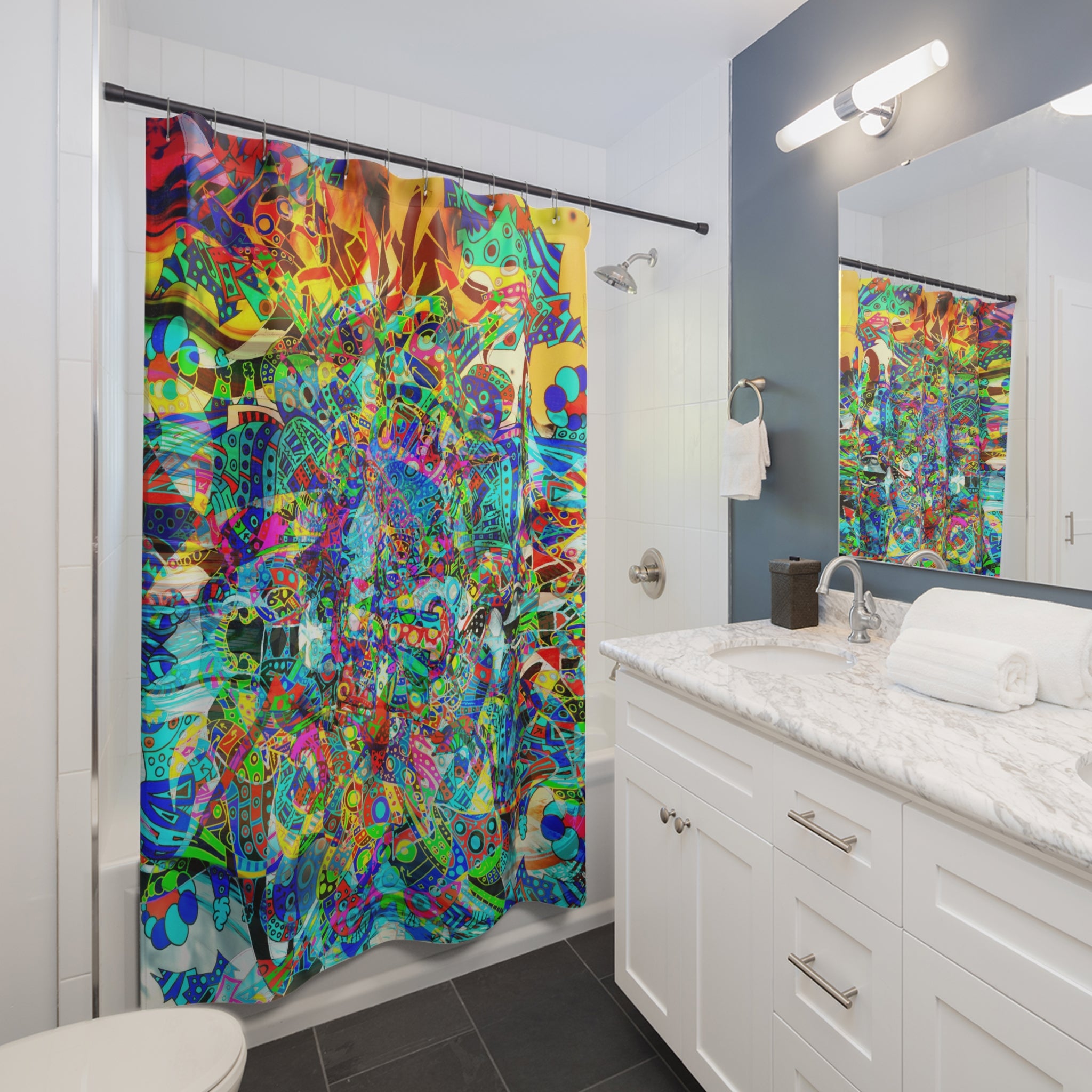 HYPERDIMENSIONAL SURFER - Psychedelic Abstract Shower Curtain — Colorful Boho Bathroom Decor