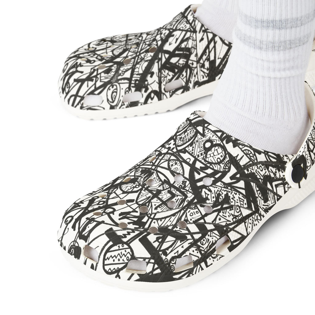 The Real Time Is Now 2017 - Abstract Black & White EVA Clogs — Graffiti Scribble Slip-On Shoes