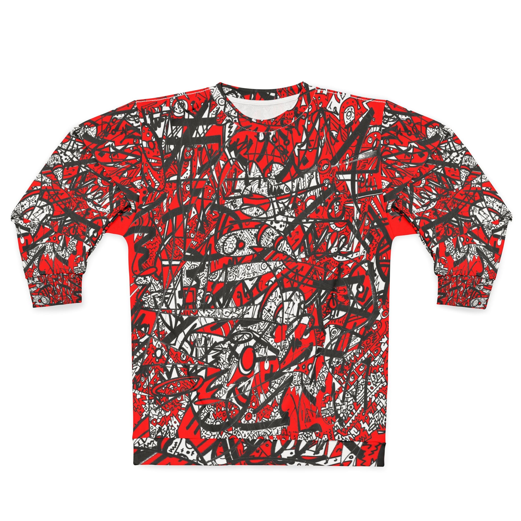 Nobody Touches Nothin' (Red Version 2) All-Over Print Sweatshirt — Red & Black Graffiti Street Art Design
