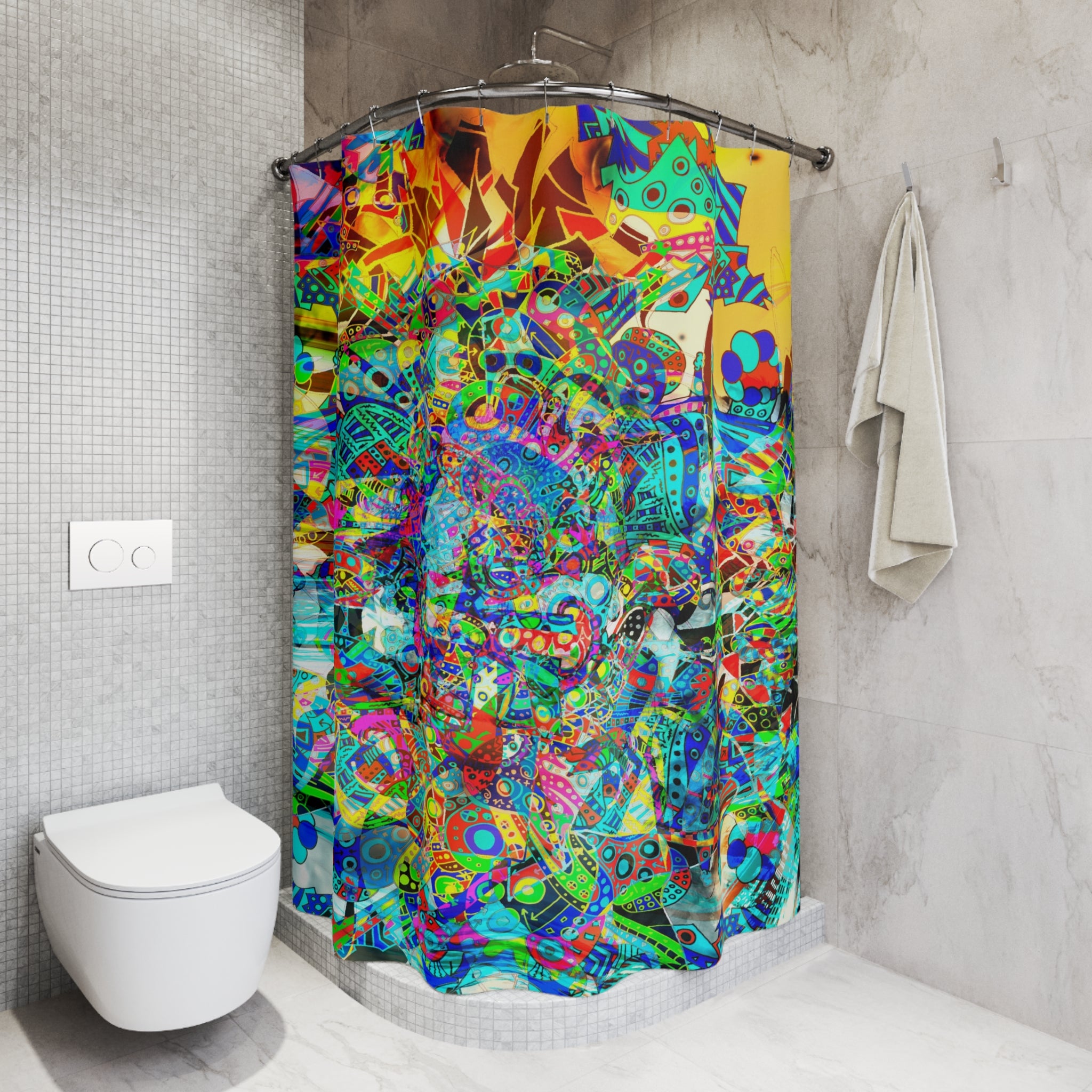 HYPERDIMENSIONAL SURFER - Psychedelic Abstract Shower Curtain — Colorful Boho Bathroom Decor