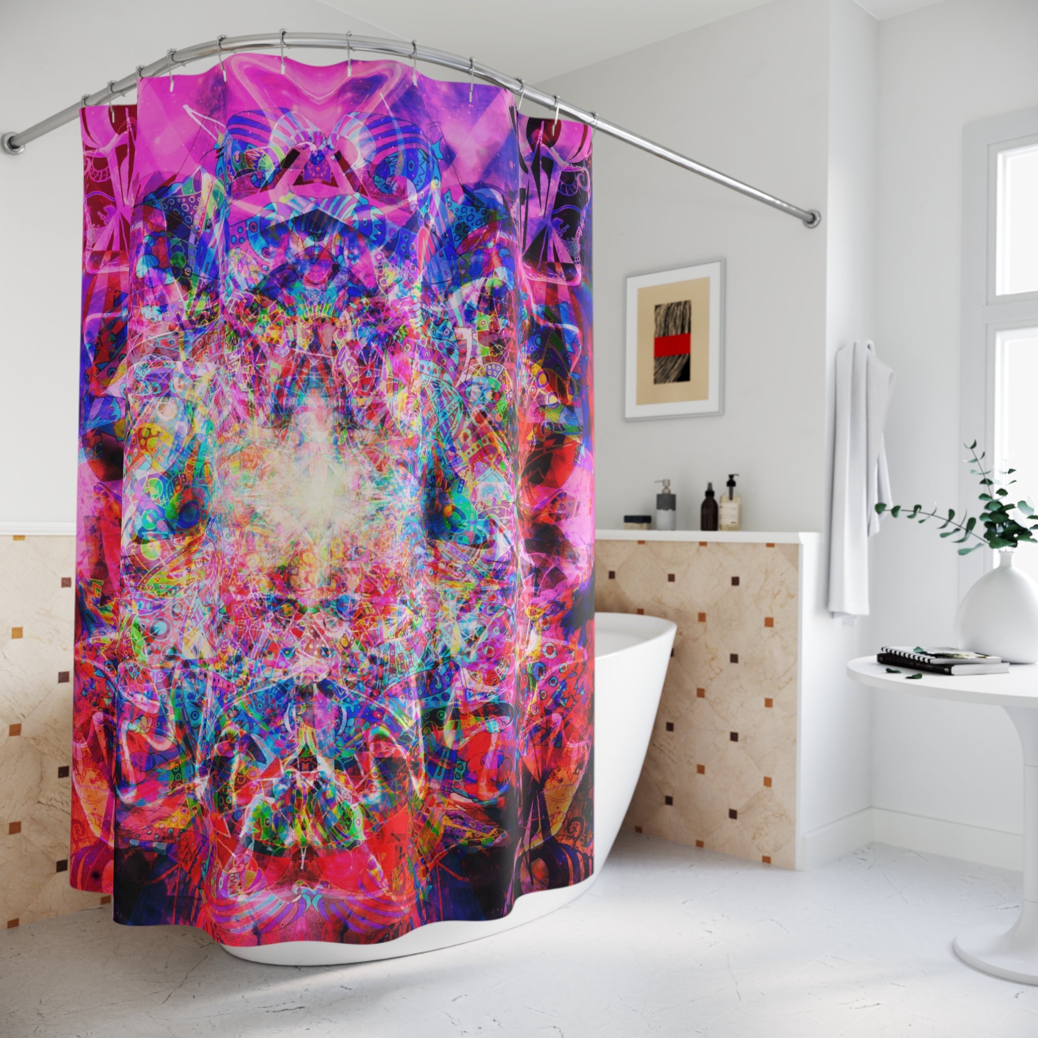 Arashaya - Psychedelic Pink Mandala Shower Curtain — Vibrant Abstract Bathroom Decor