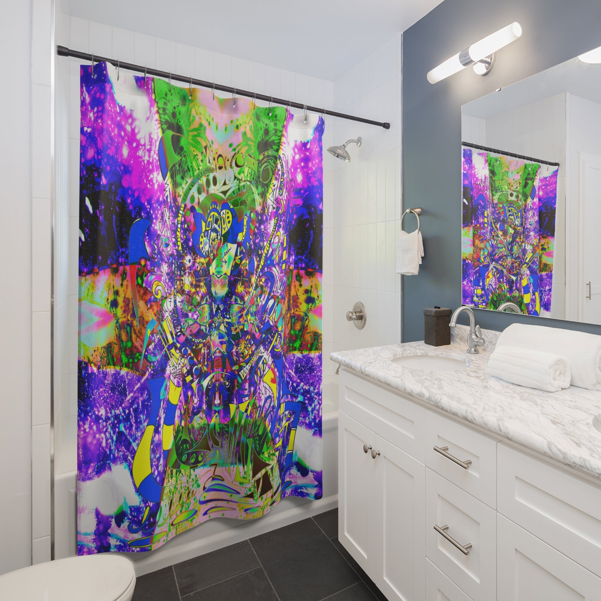 Alien Darkness 9 - Psychedelic Abstract Shower Curtain — Vibrant Neon Mandala Bathroom Decor