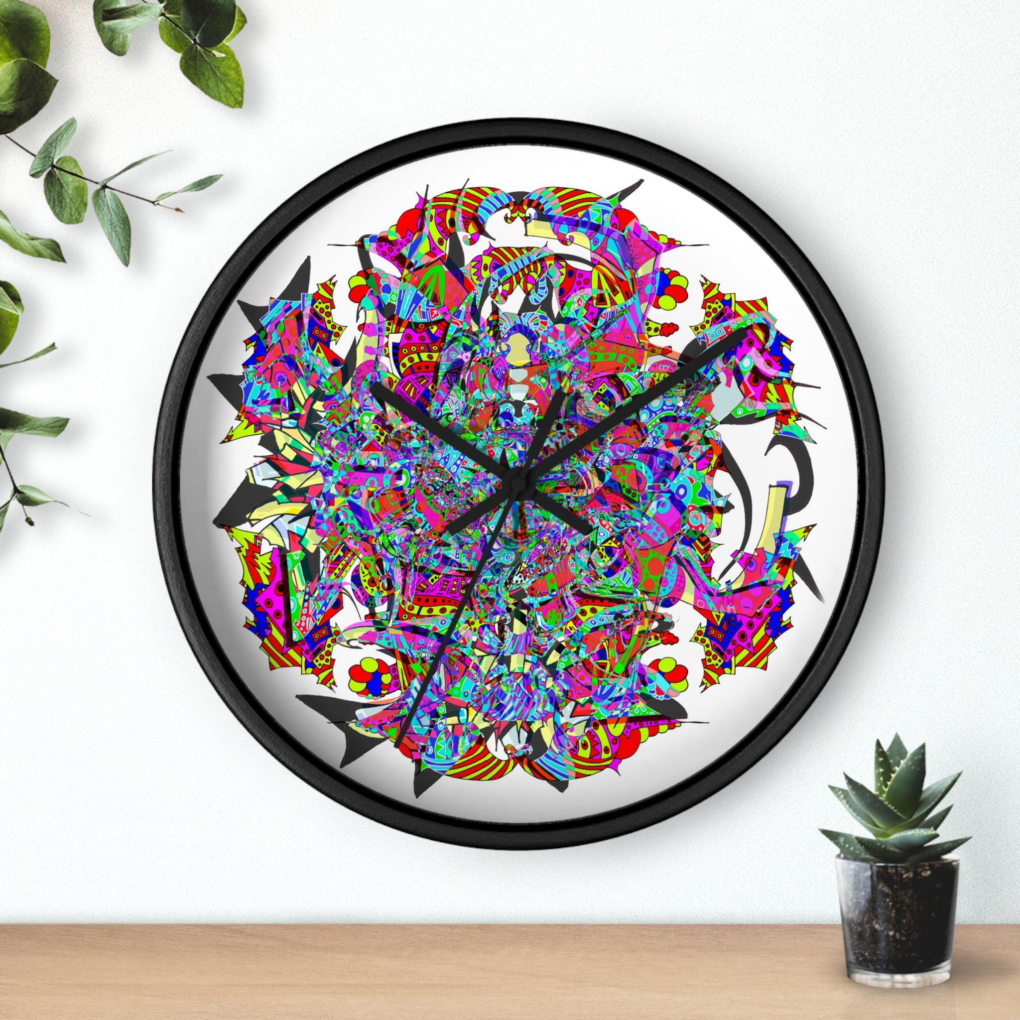 Neon Waffle Monster 12 - Psychedelic Mandala Wall Clock | Colorful Abstract Geometric Timepiece