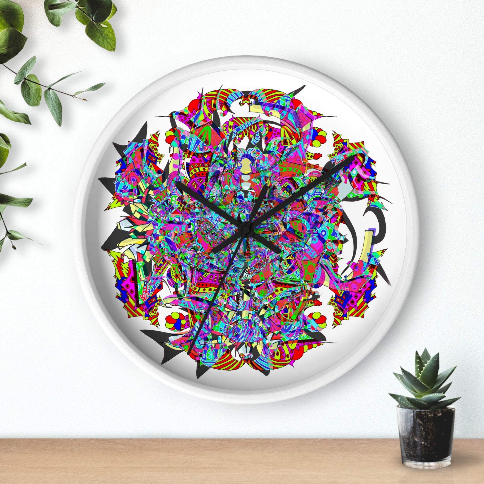 Neon Waffle Monster 12 - Psychedelic Mandala Wall Clock | Colorful Abstract Geometric Timepiece