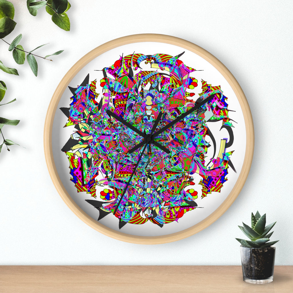 Neon Waffle Monster 12 - Psychedelic Mandala Wall Clock | Colorful Abstract Geometric Timepiece