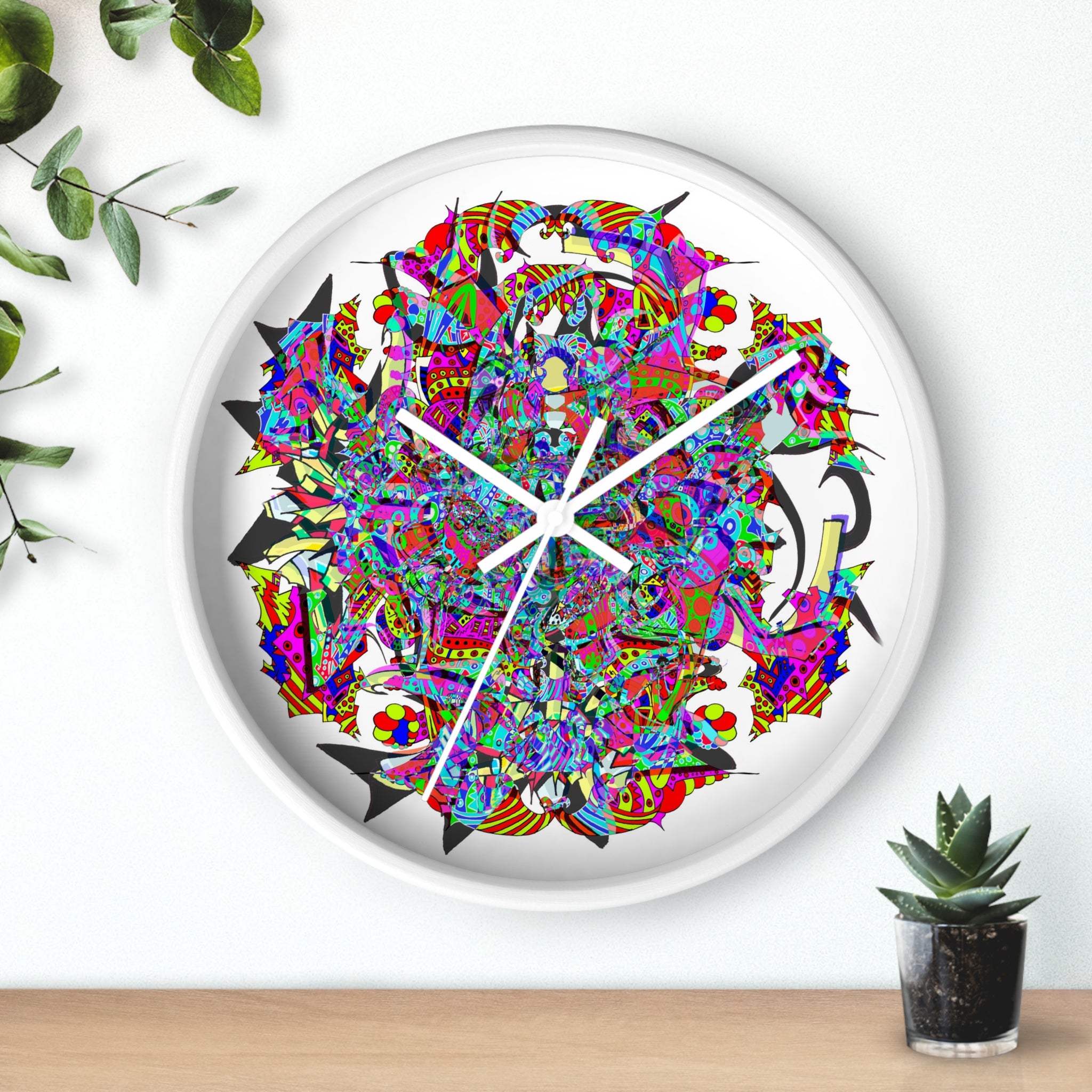 Neon Waffle Monster 12 - Psychedelic Mandala Wall Clock | Colorful Abstract Geometric Timepiece