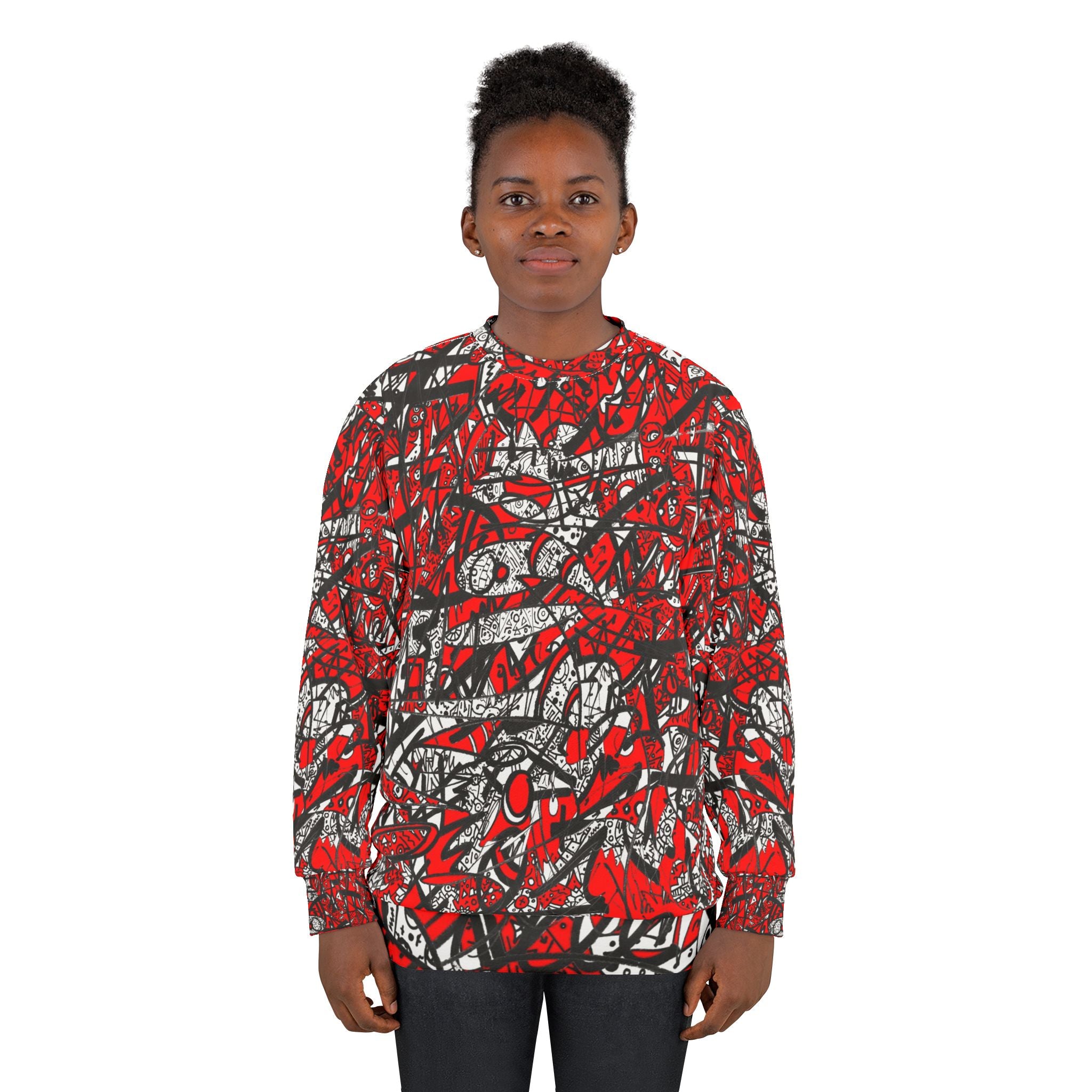 Nobody Touches Nothin' (Red Version 2) All-Over Print Sweatshirt — Red & Black Graffiti Street Art Design