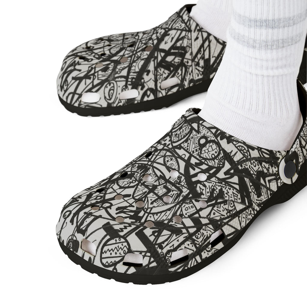 The Real Time Is Now 2017 - Abstract Black & White EVA Clogs — Graffiti Scribble Slip-On Shoes