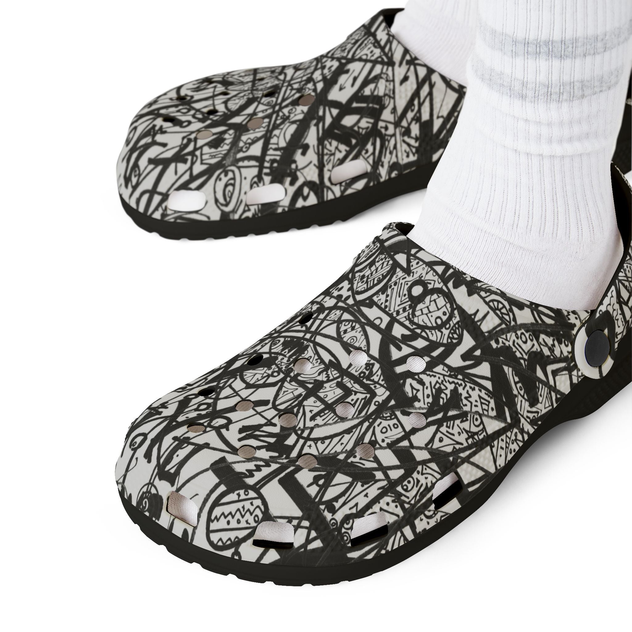 The Real Time Is Now 2017 - Abstract Black & White EVA Clogs — Graffiti Scribble Slip-On Shoes