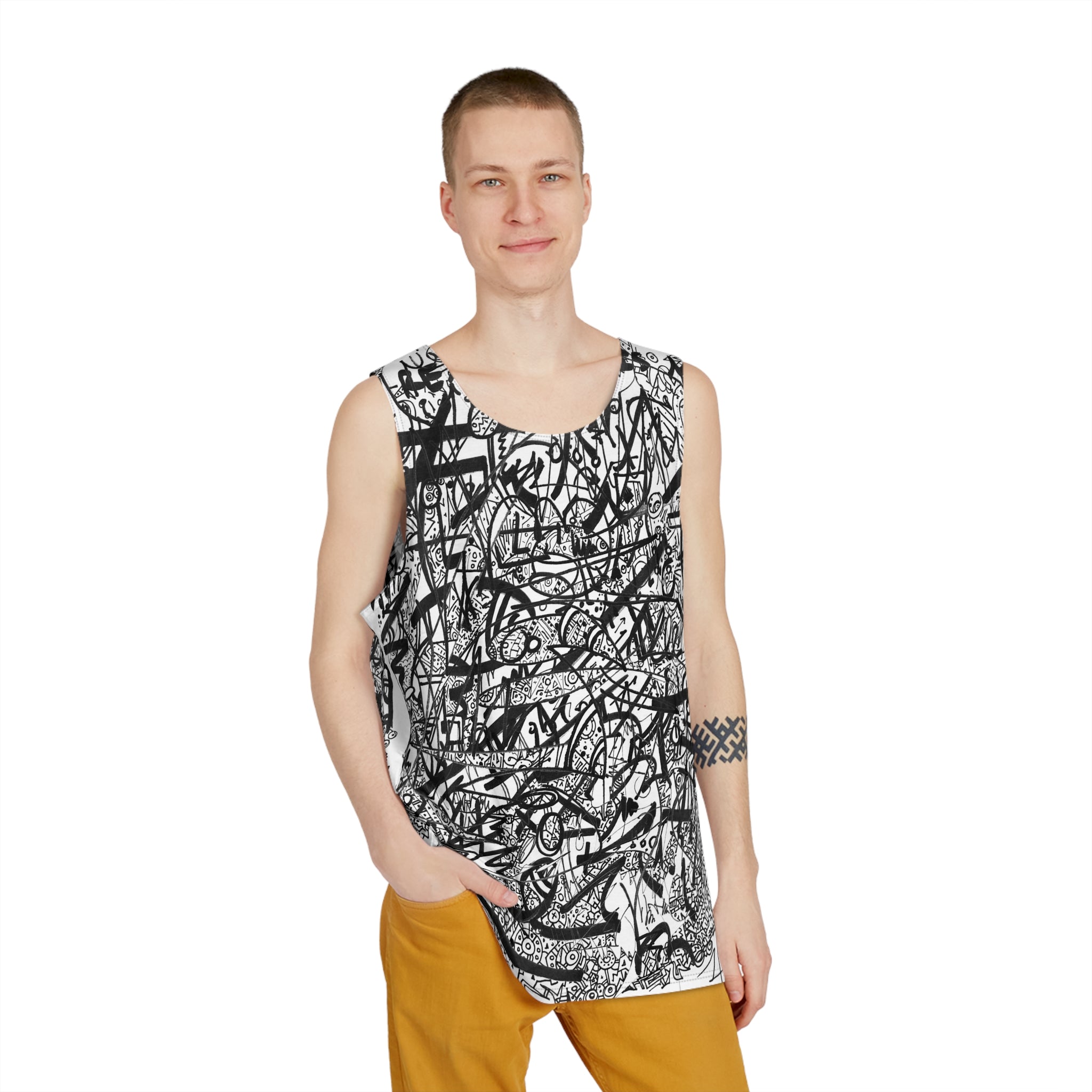The Real Time Is Now 2017 - Abstract Graffiti Tank Top — Black & White Scribble Art All-Over Print
