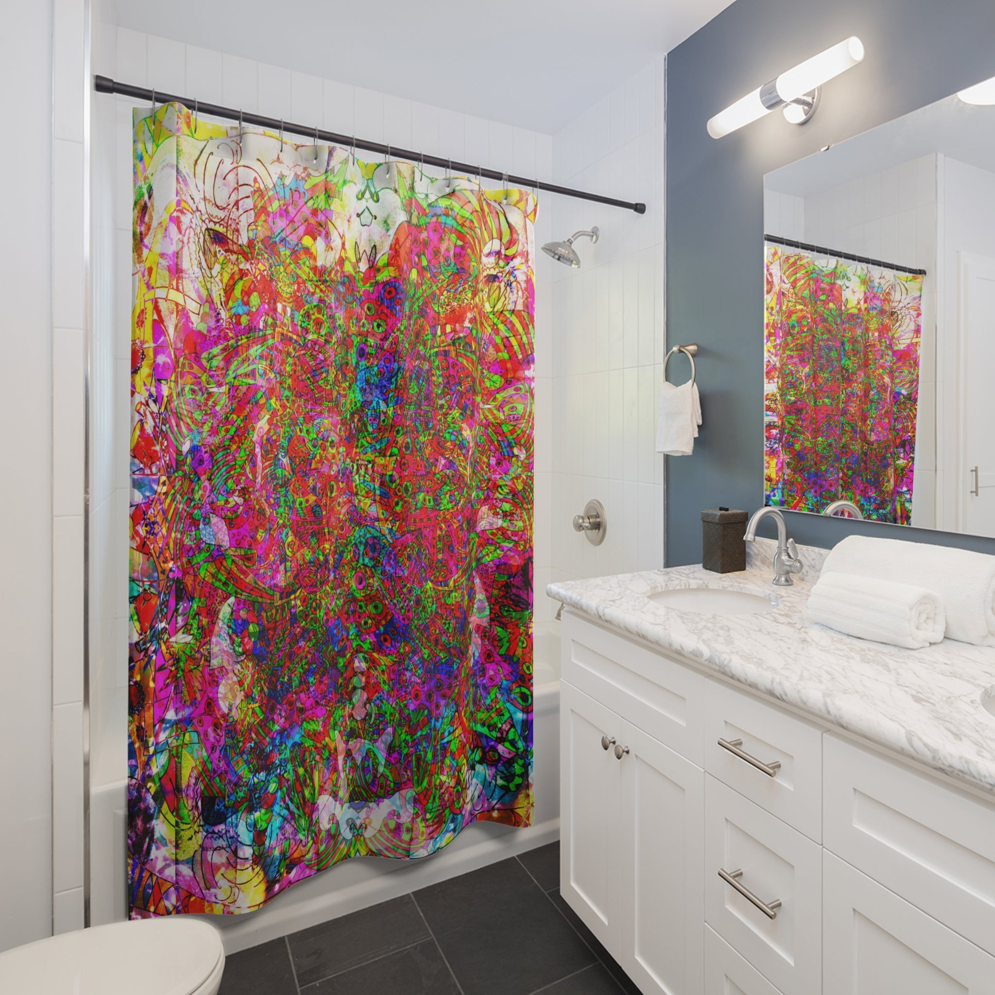 Neon Swirl Party Extravaganza - Psychedelic Kaleidoscope Shower Curtain — Vivid Abstract Floral Bathroom Decor
