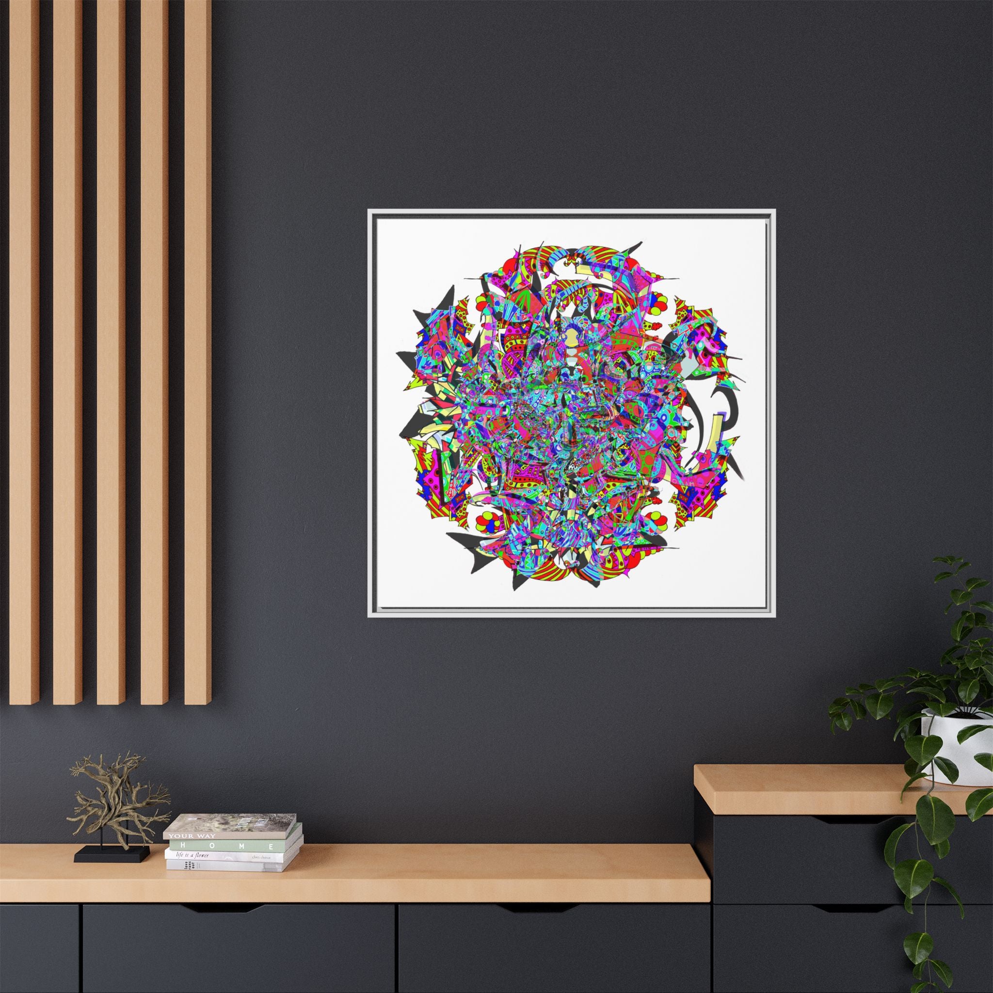 Neon Waffle Monster 12 Framed Canvas Art — Psychedelic Geometric Wall Print